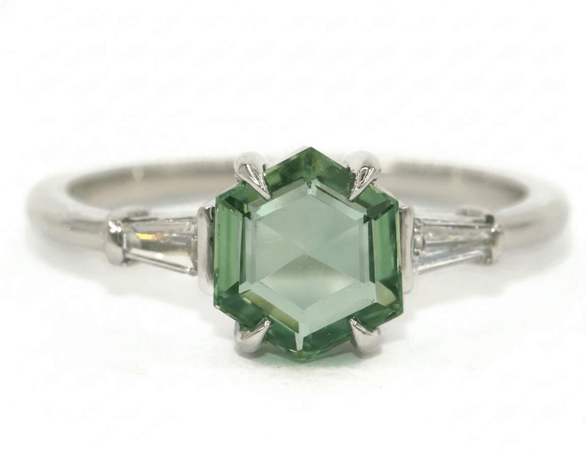 1.5 ct Hexagon Teal Green Natural Sapphire + Baguette Natural Diamonds 3 Stone Ring