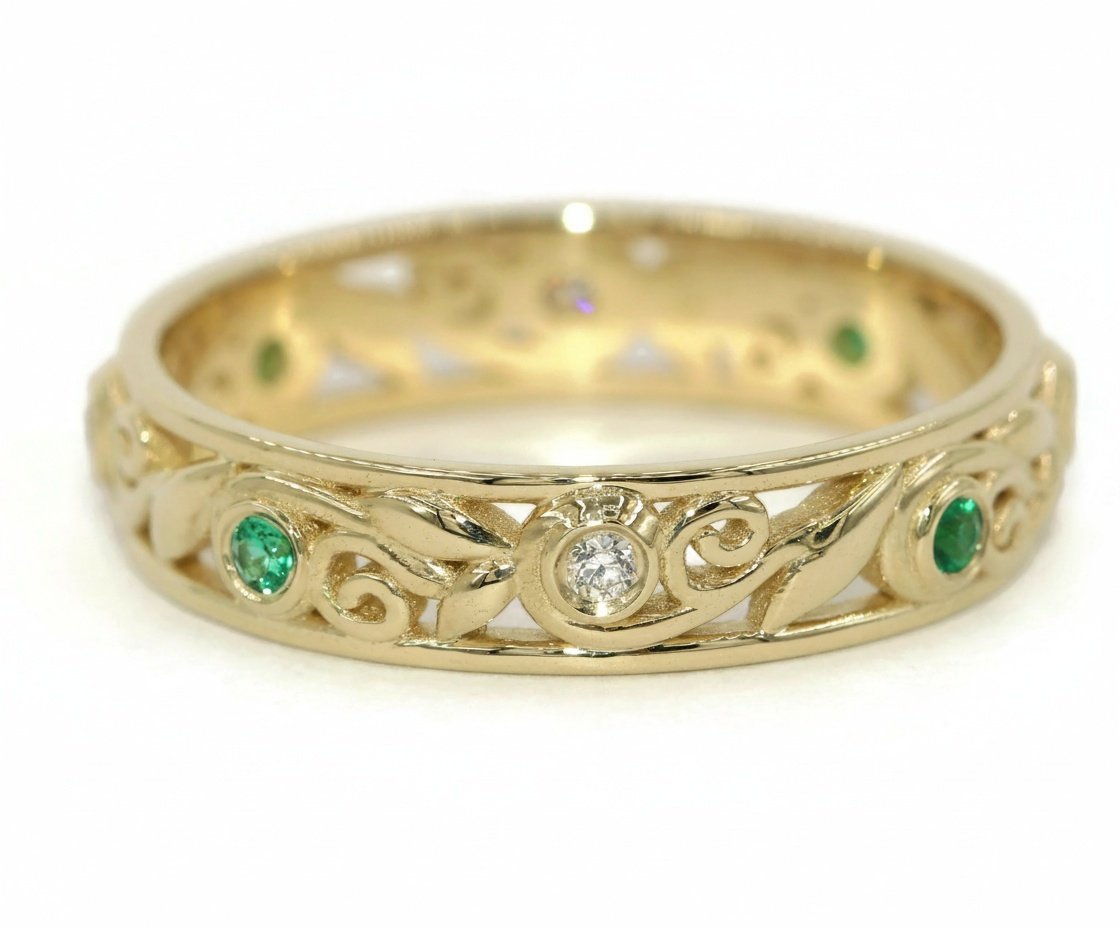 4 mm Wide Scroll Filigree Vine Leaf Lacework Eternity Ring with Alternating Diamonds + Emeralds
