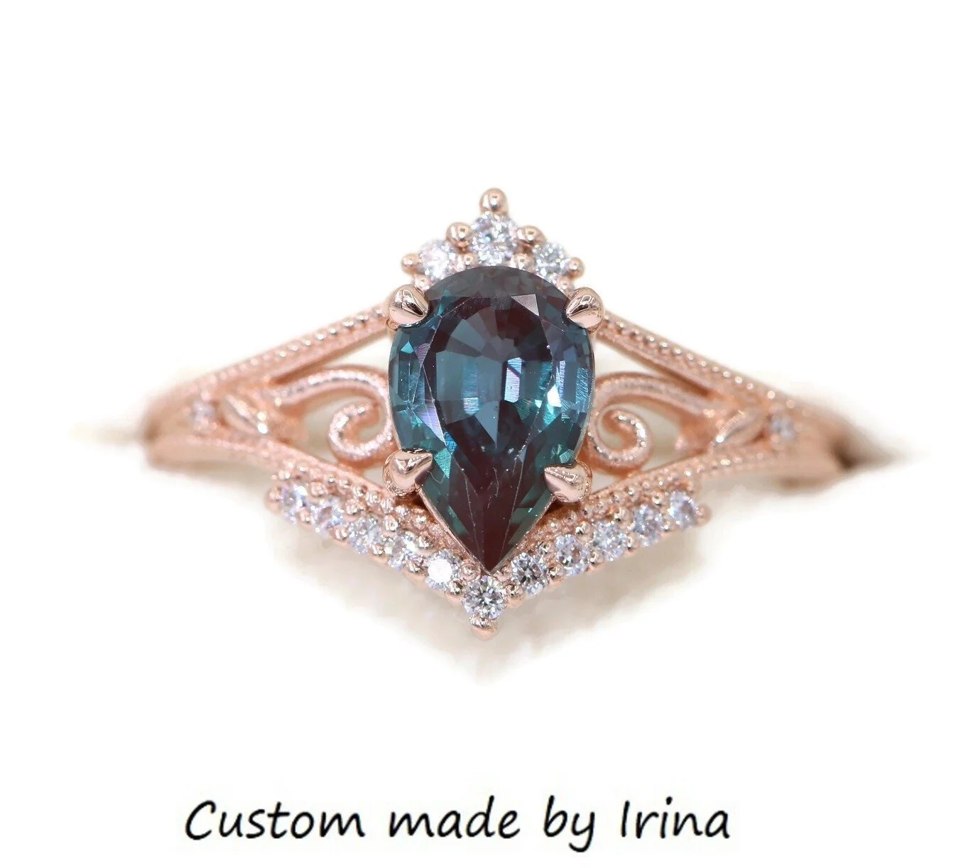 1.5 Color Change Pear Lab Alexandrite Split Shank Mill Grain Filigree Scroll Ring 14k Solid Gold
