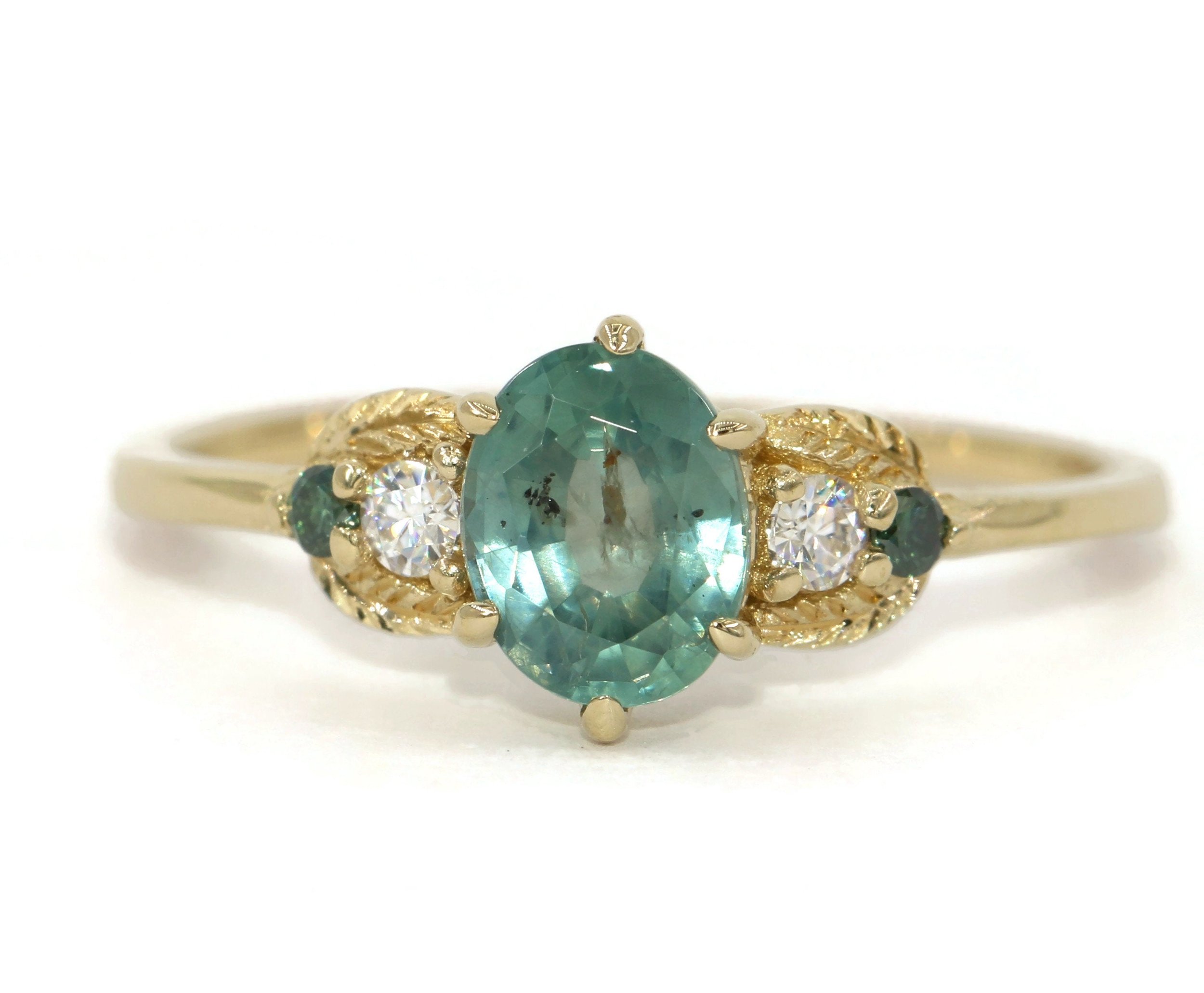 1 ct Teal Pastel Blue Green Unheated Montana Sapphire Hand Engraved Leaf Ring