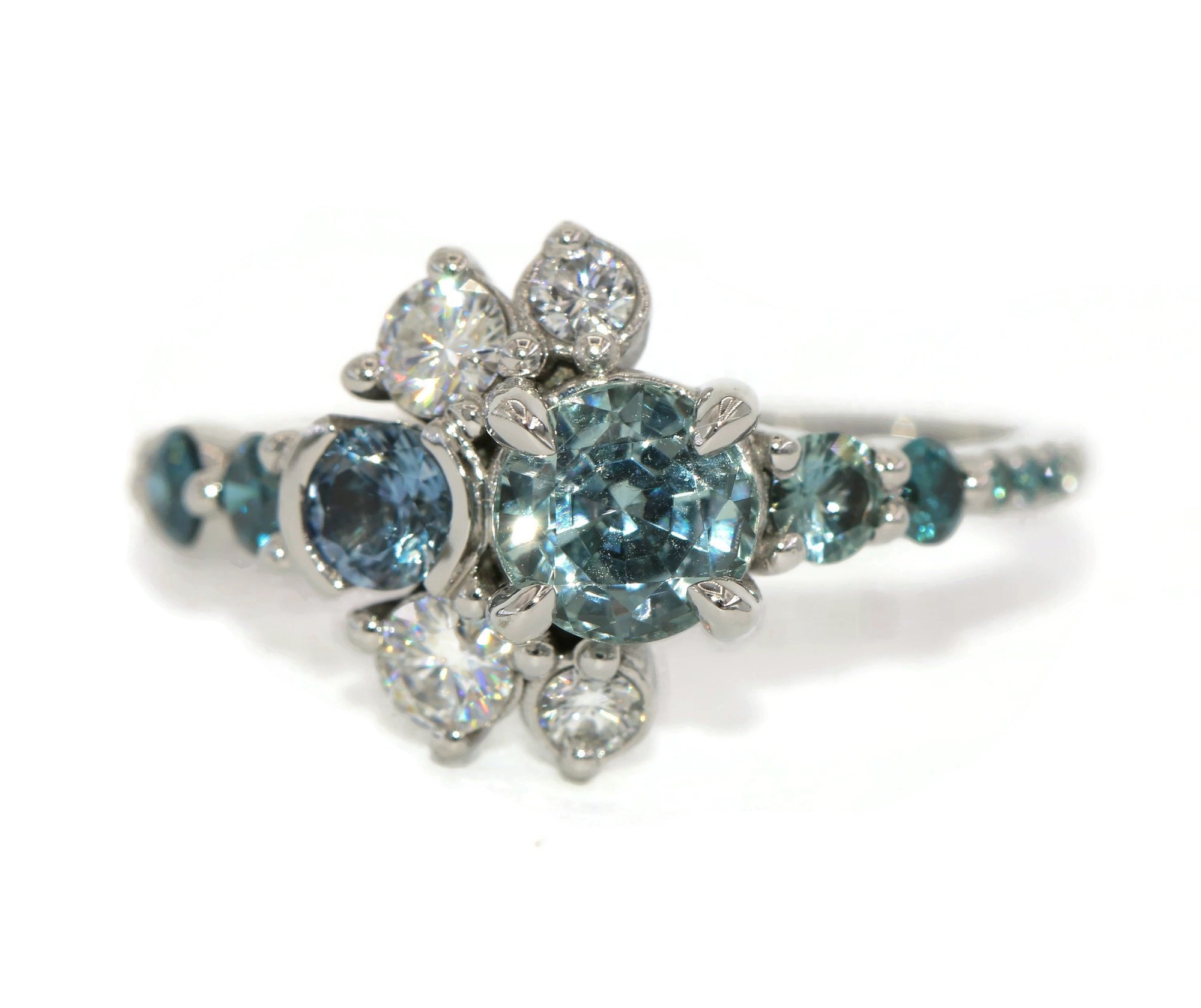 Cluster Ombre 1 carat Teal Blue Montana Sapphire Half-moon Halo Engagement Ring