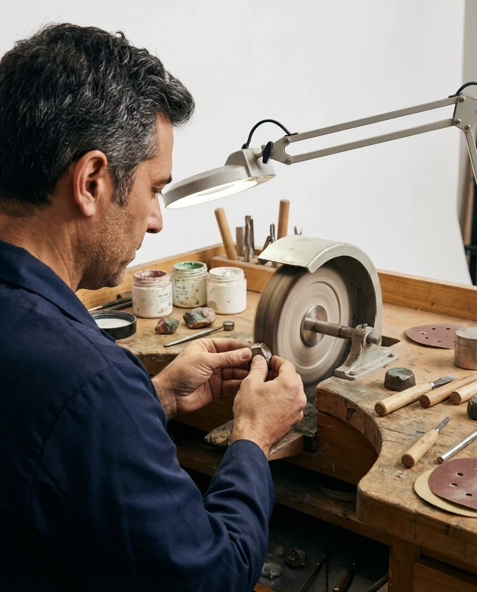 A man working in a jewelry workshop, polishing or shaping a gemstone on a rotating wheel, with various tools and small containers of materials on the workbench.