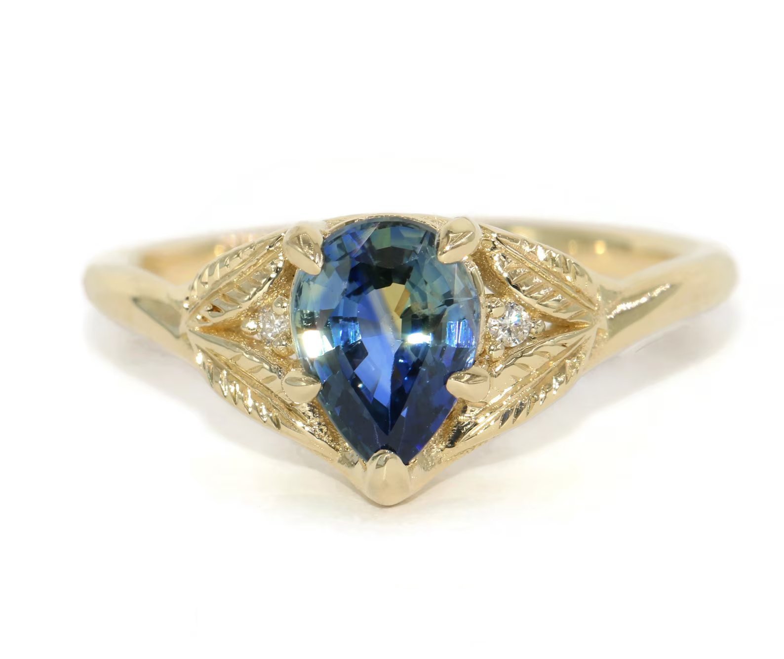 1 ct Pear Blue Yellow Sapphire Engagement Ring with Engraved Leaves and Diamonds