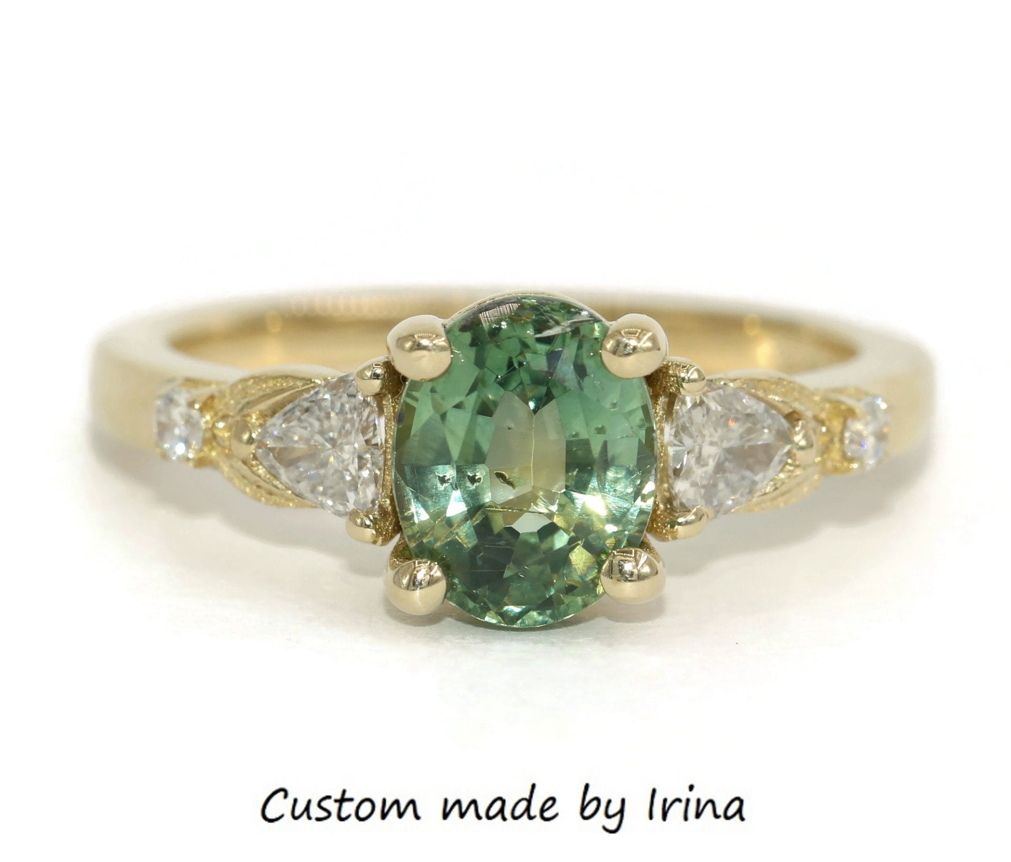 1 ct Oval Green Natural Sapphire and Trillion Natural Diamonds Leaf Pattern Ring