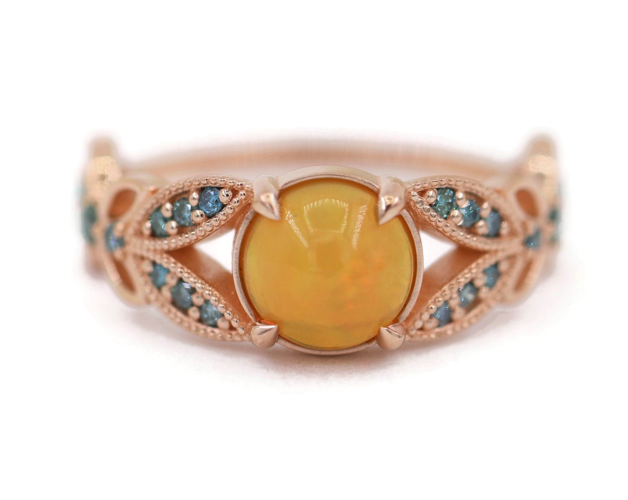 Round Natural Opal and Teal Blue Diamonds Butterfly Pattern Ring