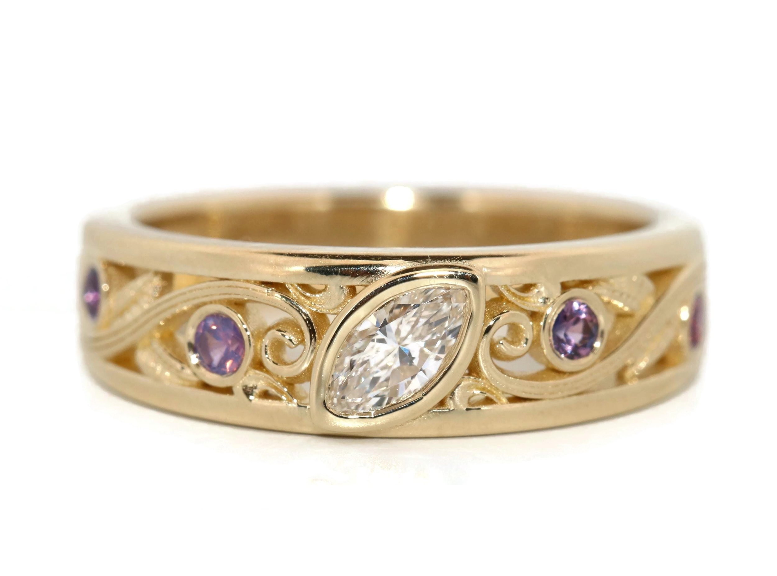 Flush Bezel Set Marquise Vine Leaf Engagement-Wedding Ring