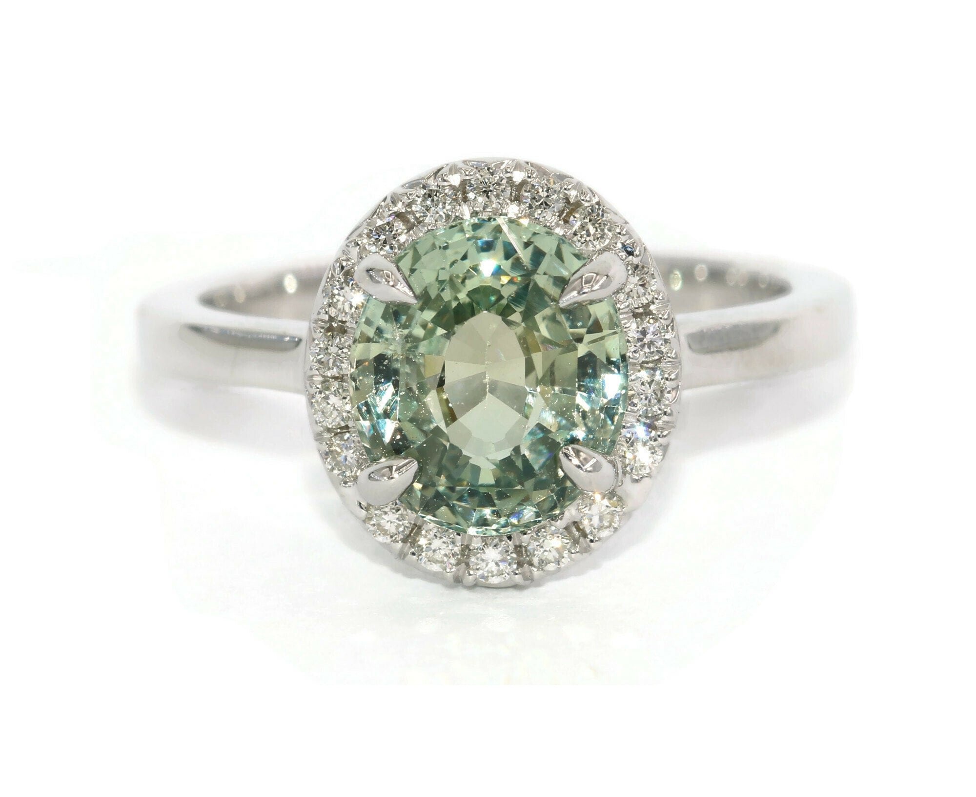 French Cut Diamond Halo 3 carat Oval Green Sapphire Engagement Ring