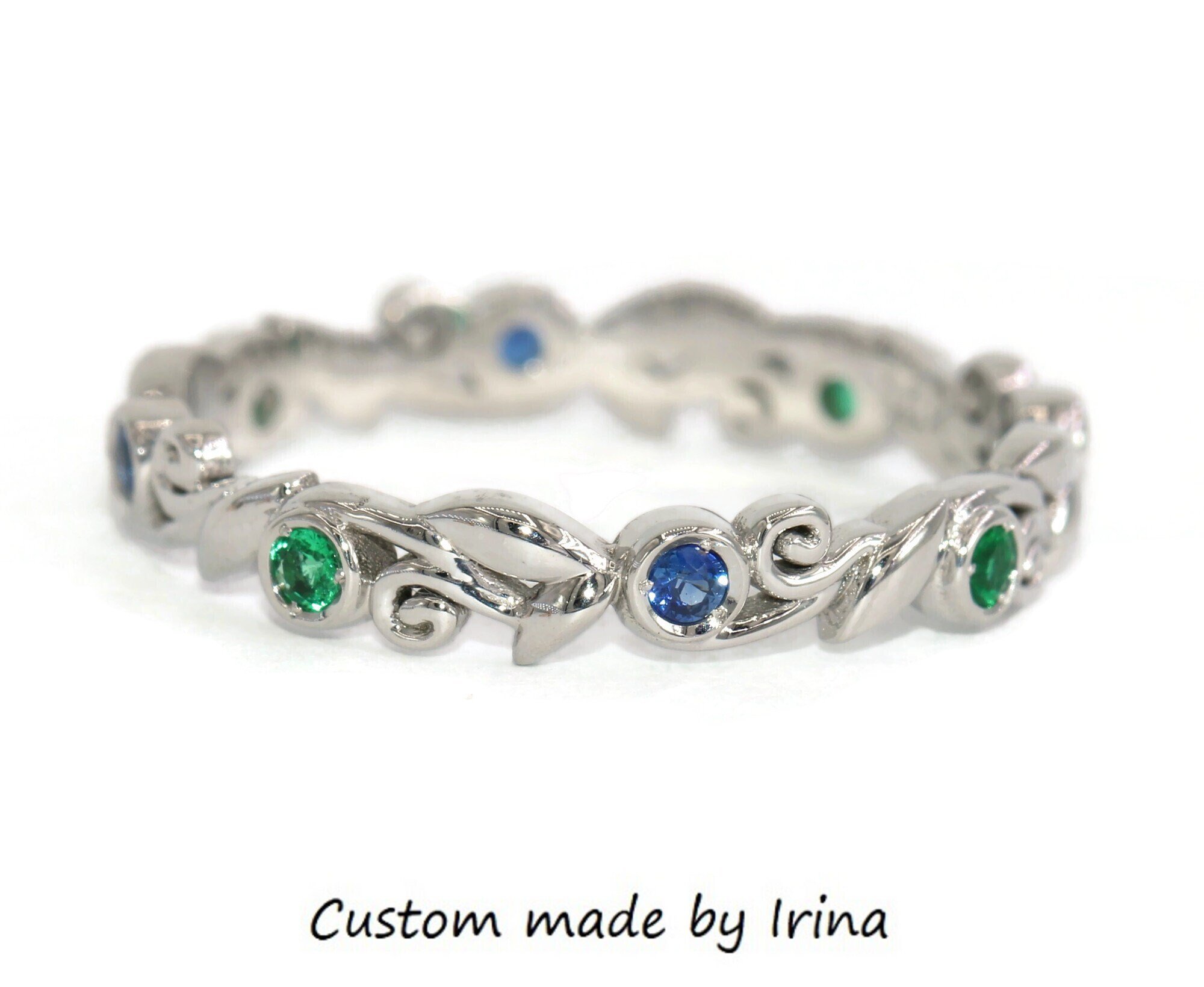 Leaf Vine Filigree Scrollwork Wedding Eternity Ring with Alternating Sapphires and Emeralds
