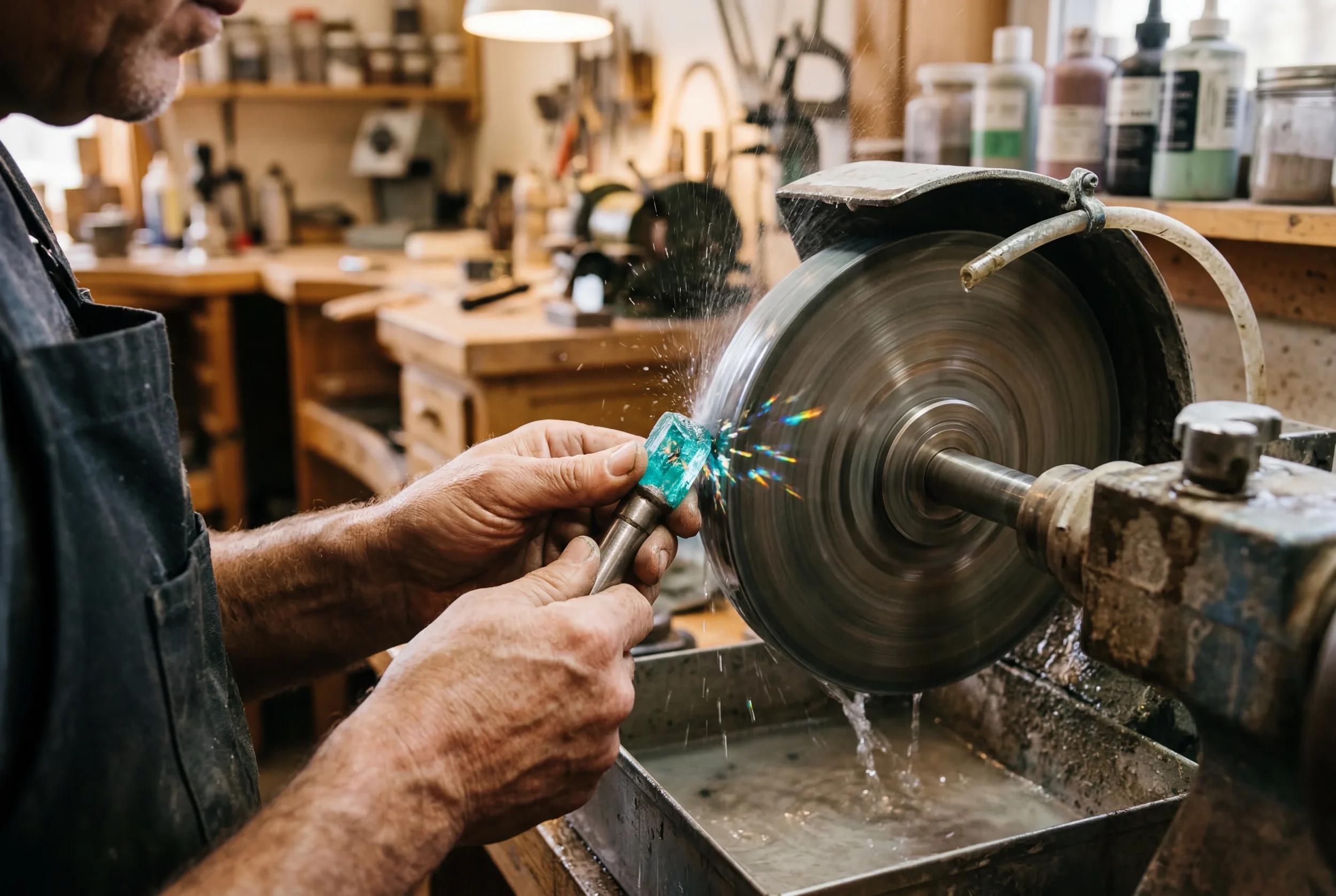 A person using a grinding machine to shape a piece of material, with sparks flying, in a woodworking or metalworking workshop.