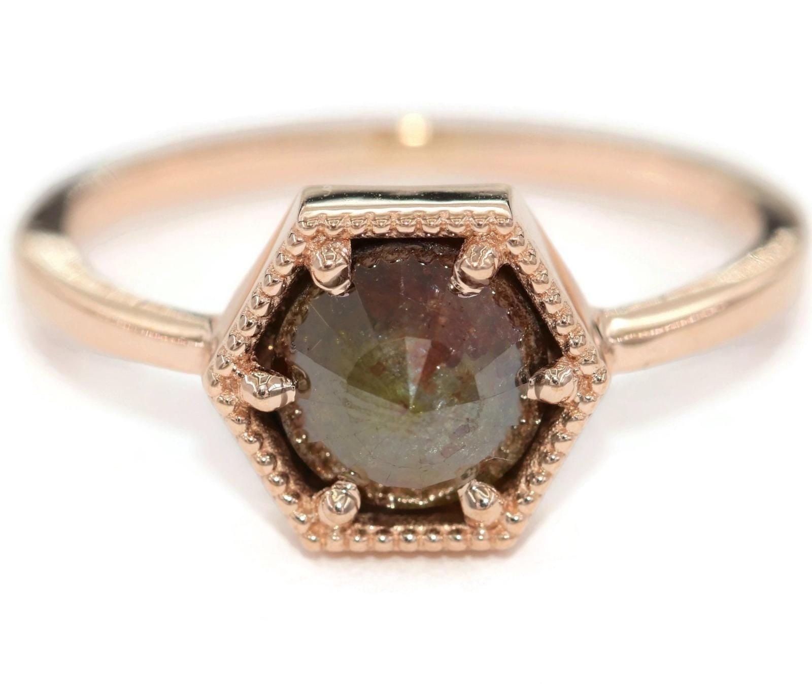2 ct Hexagon Rustic Rose Cut Natural Diamond Ring