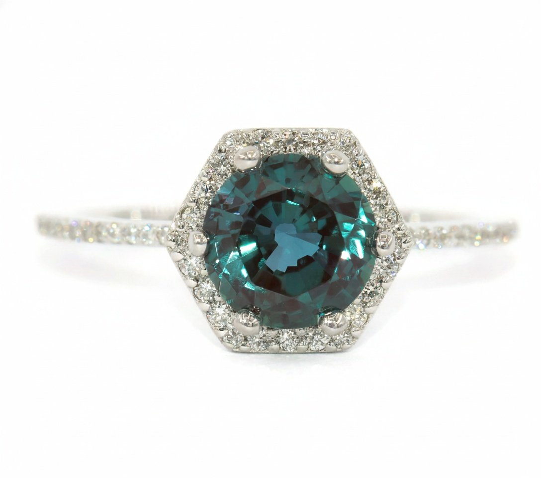 1.8 ct Lab Alexandrite Hexagon Diamond Halo Dainty Geometric Ring