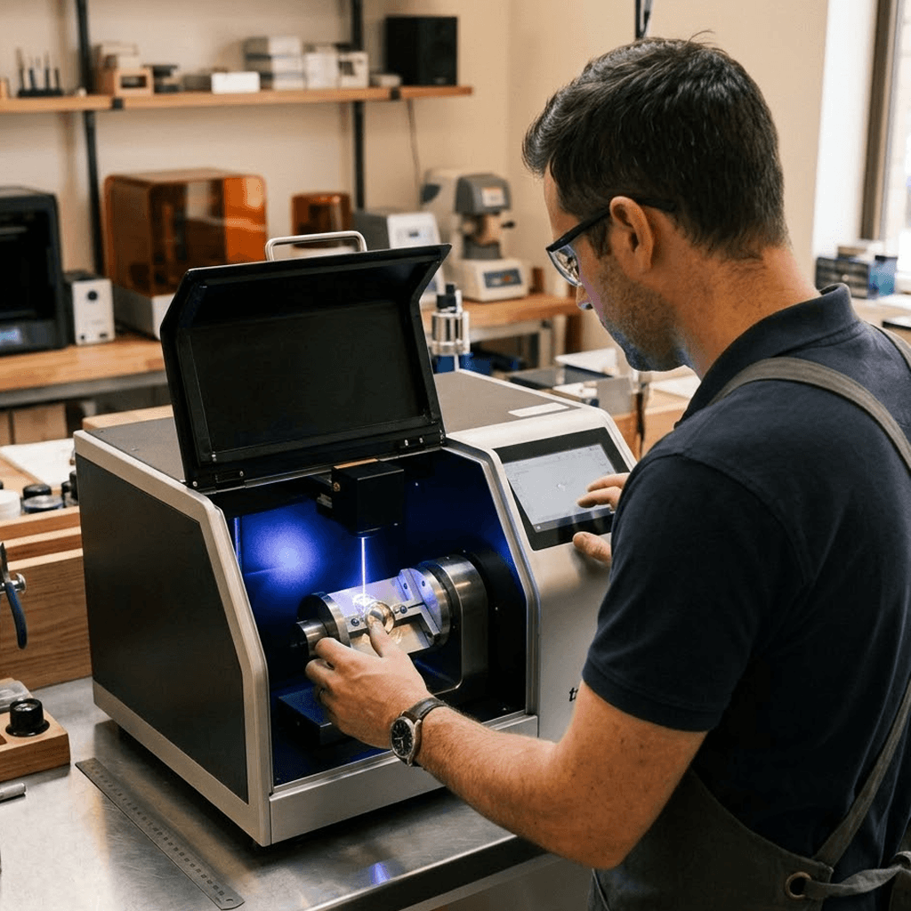 A man working with a specialized piece of equipment in a workshop or laboratory setting.