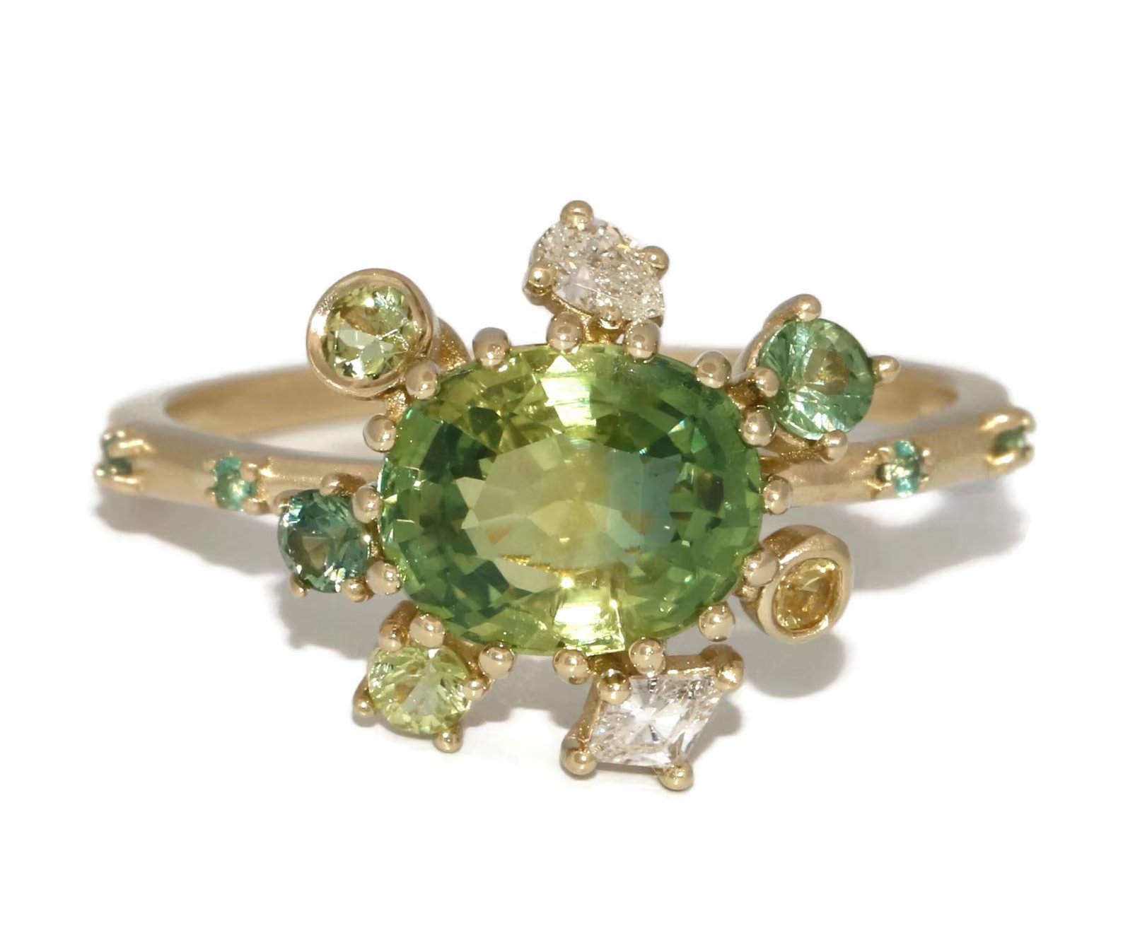 1.8 ct Green Blue Ombre Multi Gemstone Natural Sapphires + Diamonds Cluster Ring