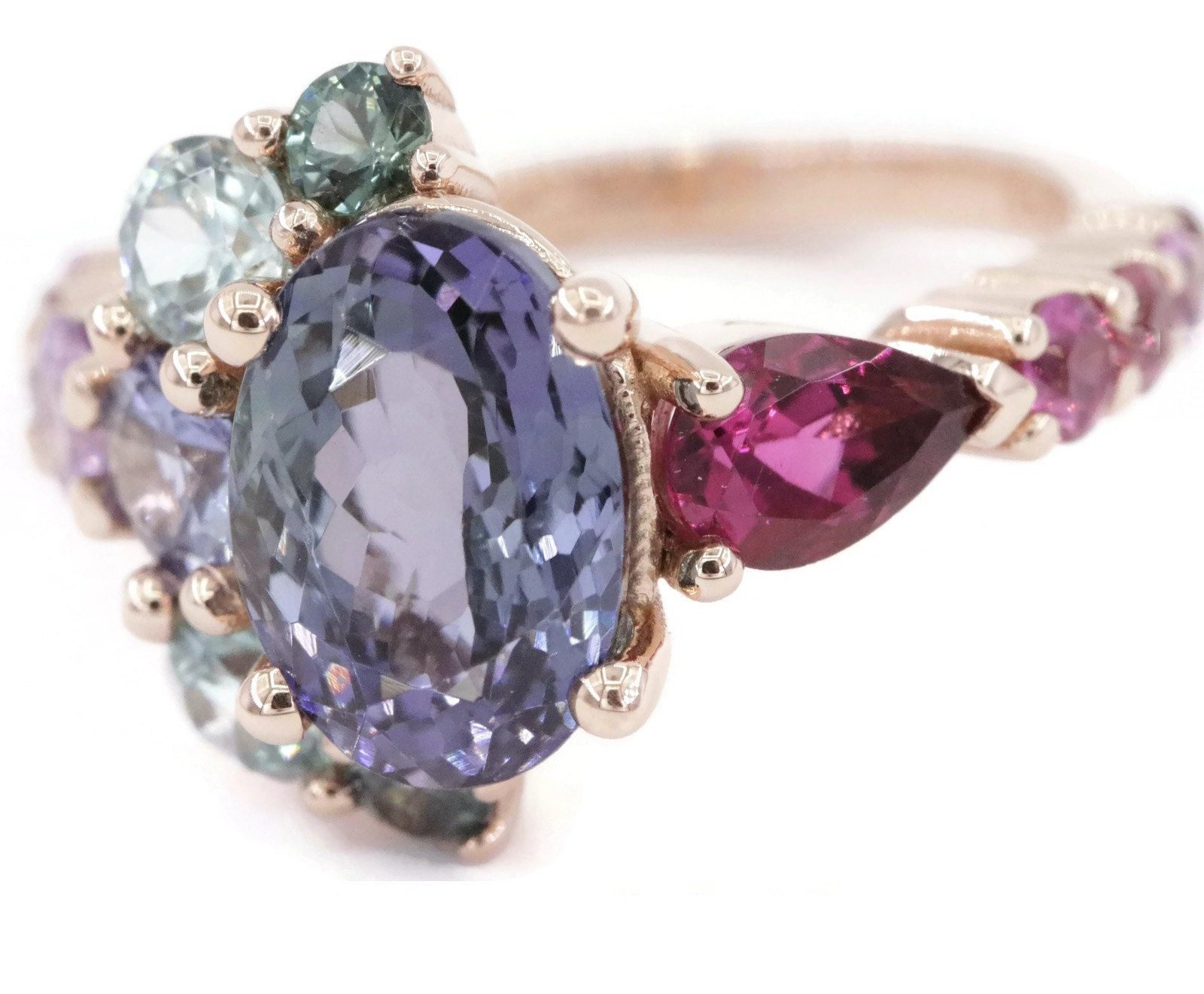 Ombre Half-Moon Crescent Halo 2 ct Oval Natural Tanzanite Cluster Ring