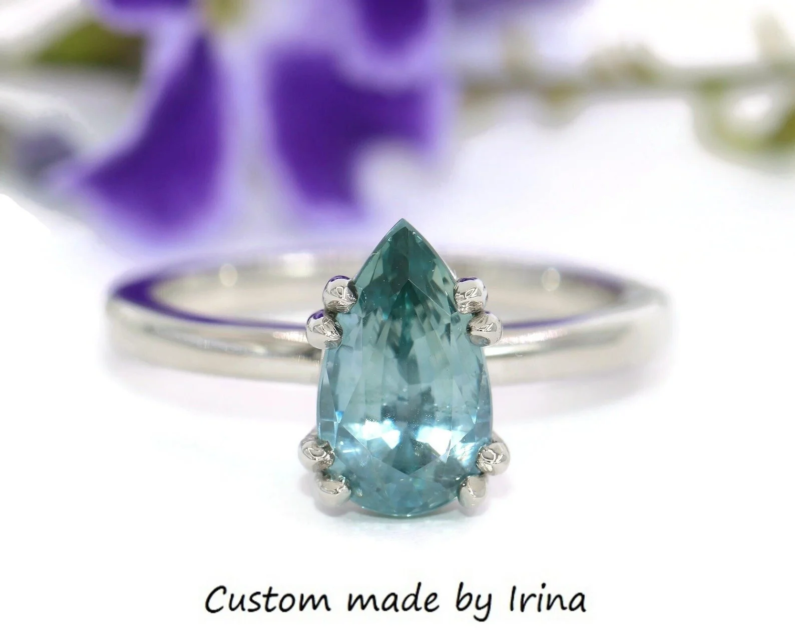 2 ct Pear Teal Blue Sapphire Double Prongs Solitaire Engagement Ring 14k Solid Gold