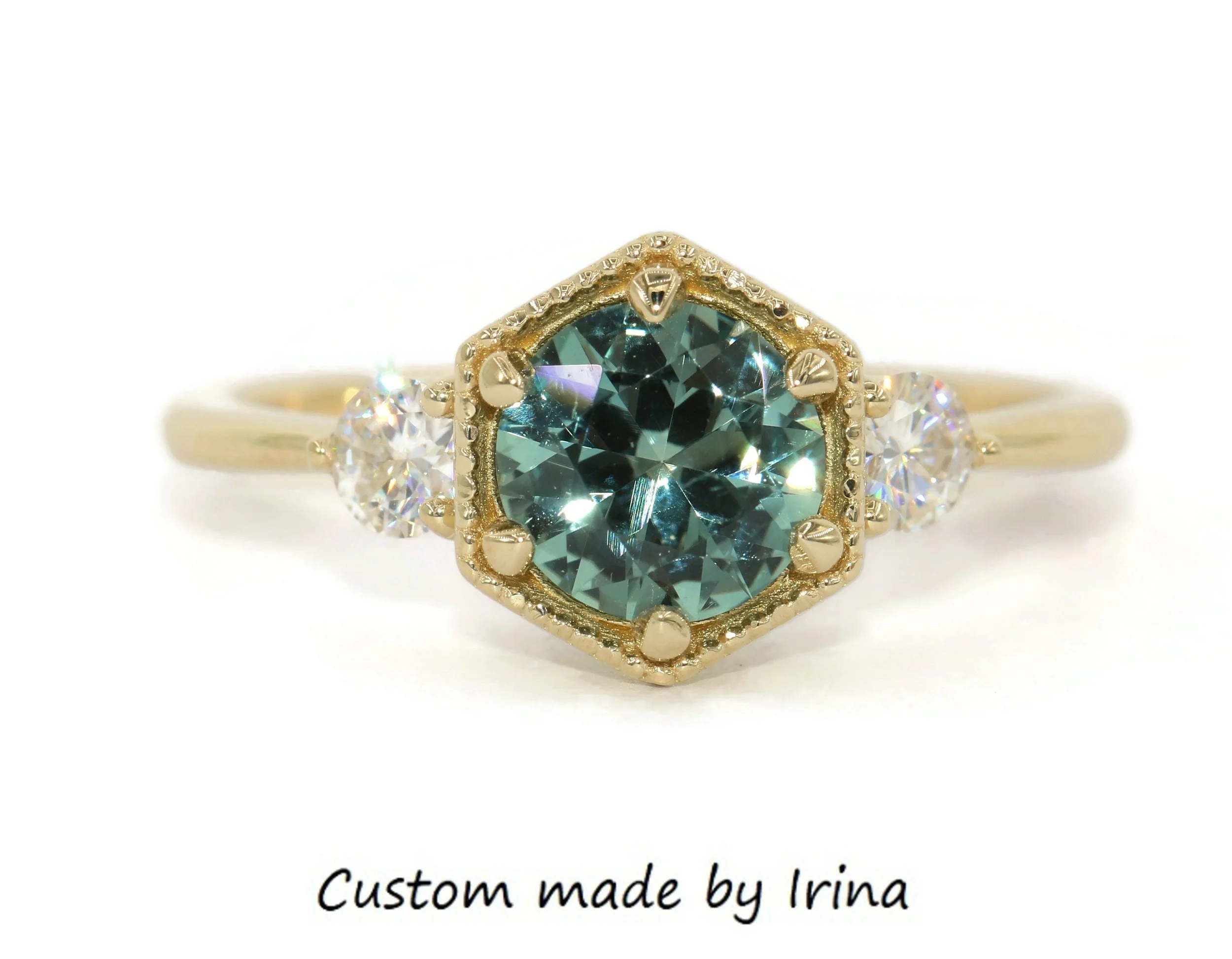 Hexagon Shape Mill Grain Frame 3 Stone 14k Solid Gold Ring Setting ONLY