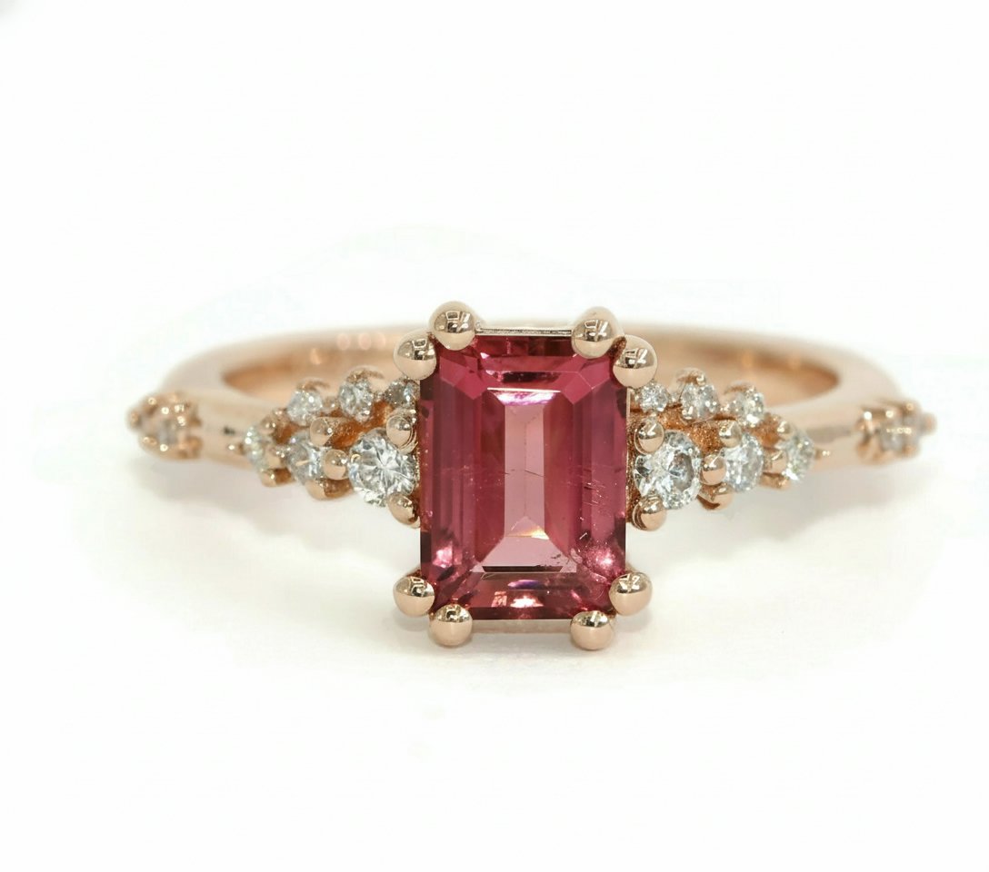 1.3 ct Pink Natural Tourmaline + Scattered Diamonds Cluster Ring