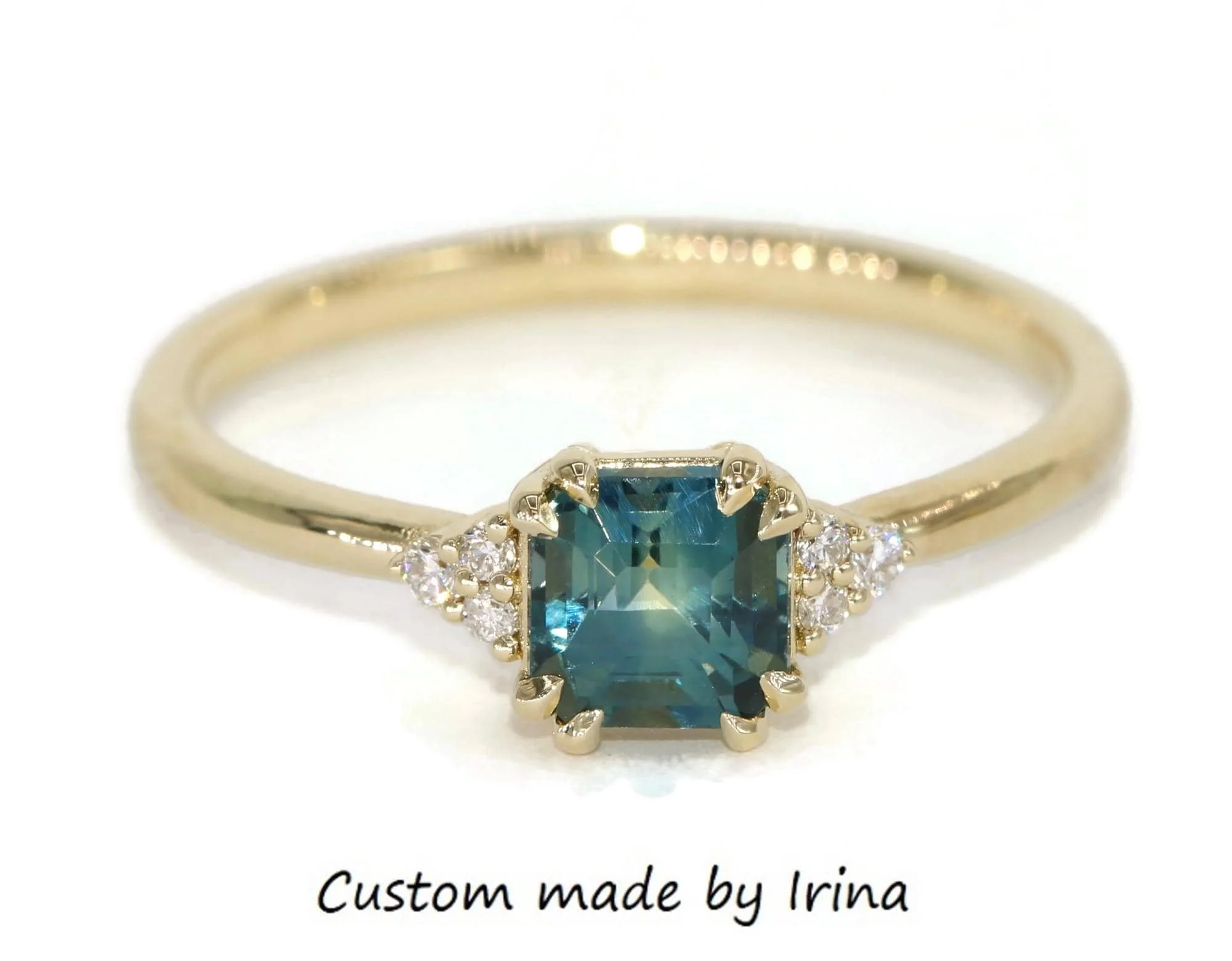 1 ct Teal Blue Green Natural Sapphire and Diamonds Engagement Ring 14k Solid Gold