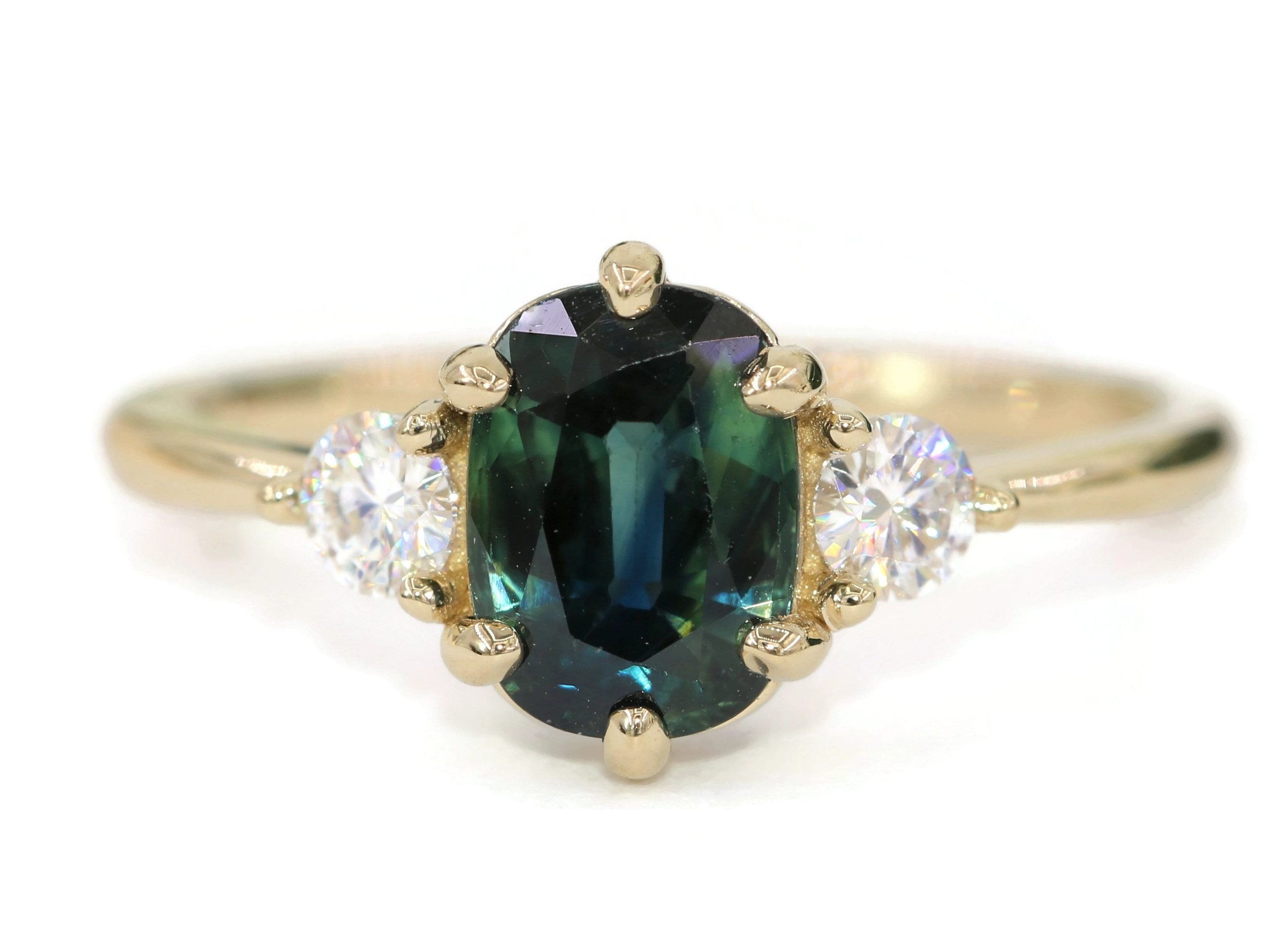 1.3 ct Peacock Mermaid Blue Green Parti Natural Sapphire Three Stone Ring