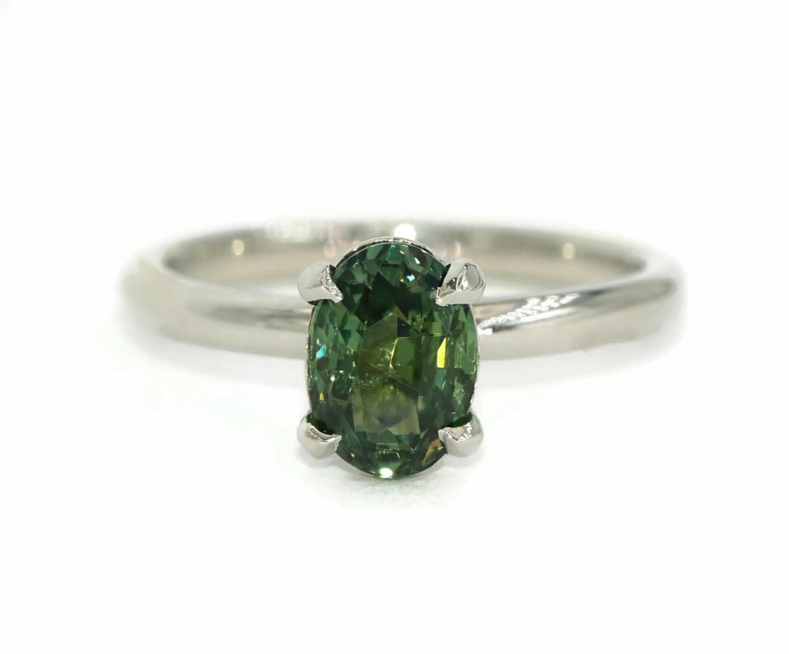 1.55 carat Unheated Teal Green Natural Sapphire Platinum Solitaire Engagement Ring