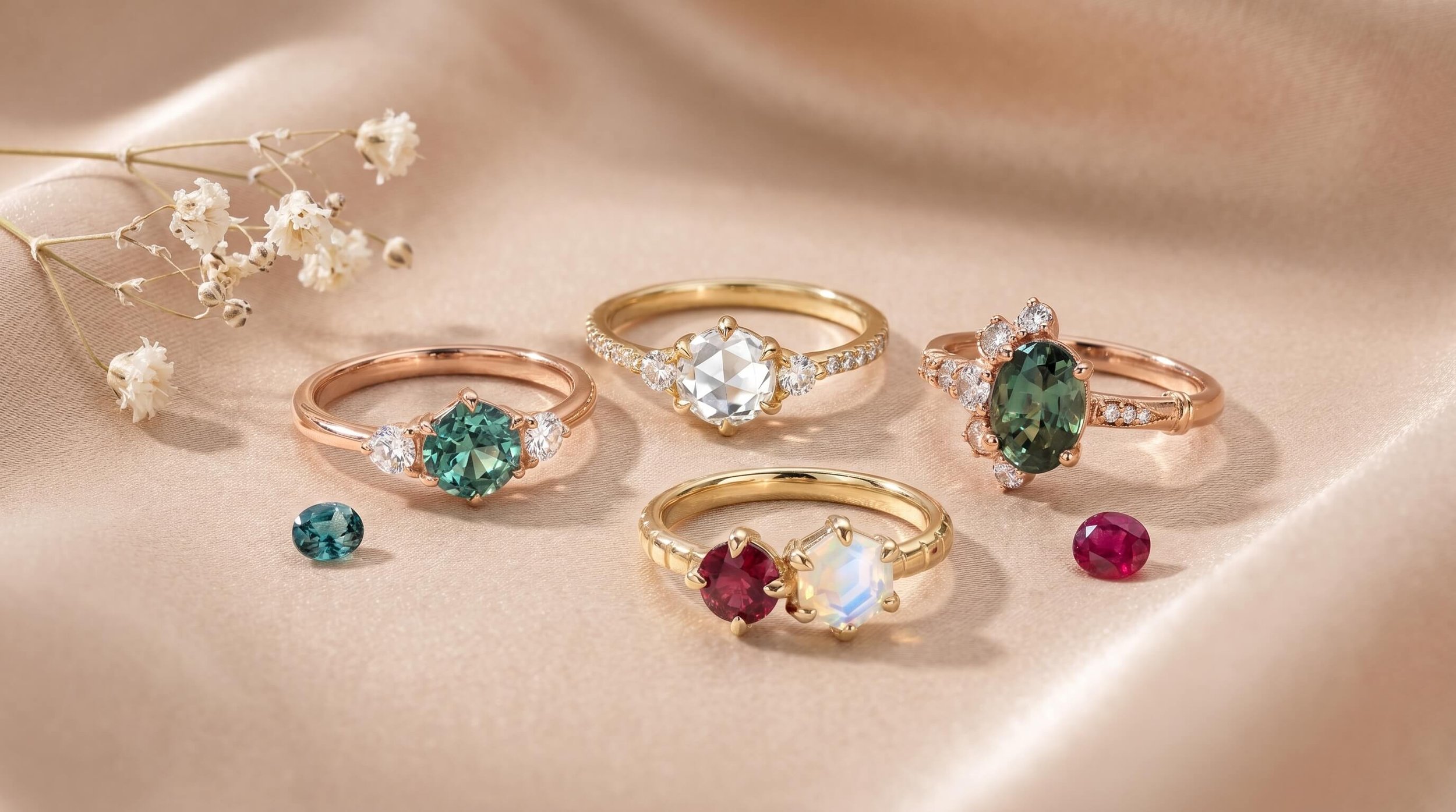 Elegant arrangement of five gold and rose gold rings with colorful gemstones and diamonds on a soft beige fabric background, accented by small loose gems and delicate dried flowers.