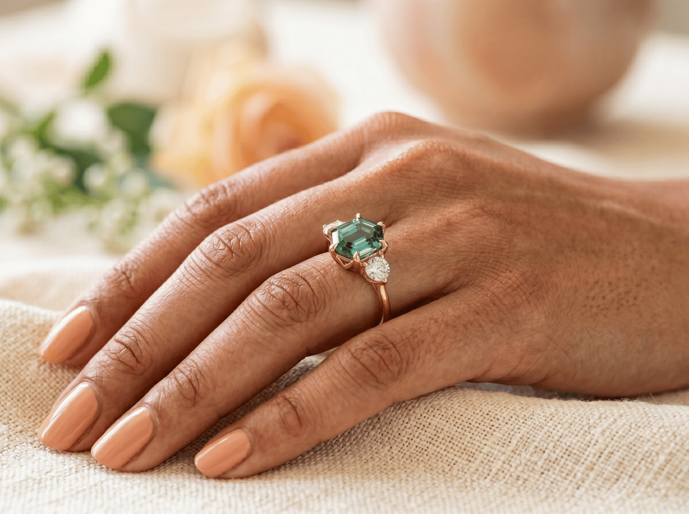 A close-up of a hand wearing a three-stone ring featuring a hexagonal green gemstone flanked by two pear-shaped diamonds on a gold band, with soft floral bokeh in the background.