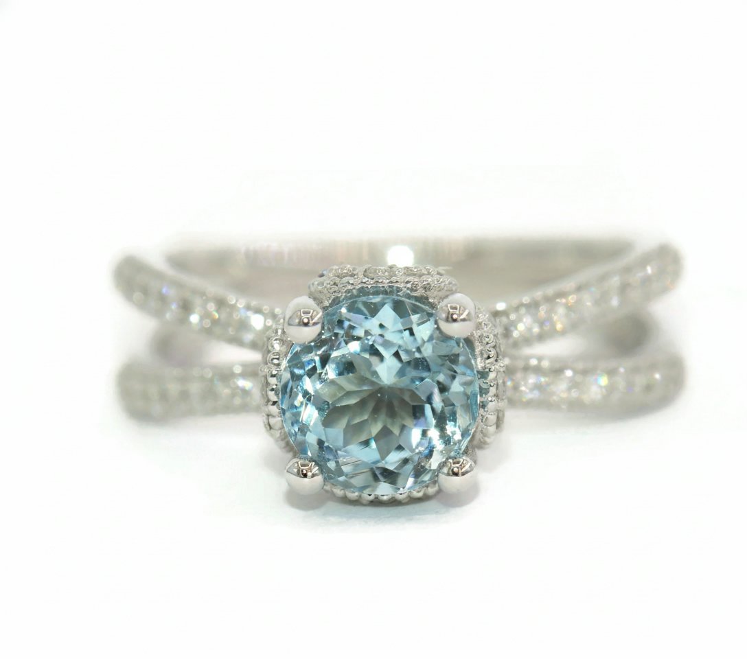 1.5 carat Natural Aquamarine Engagement Ring with Split Natural Diamond Shank