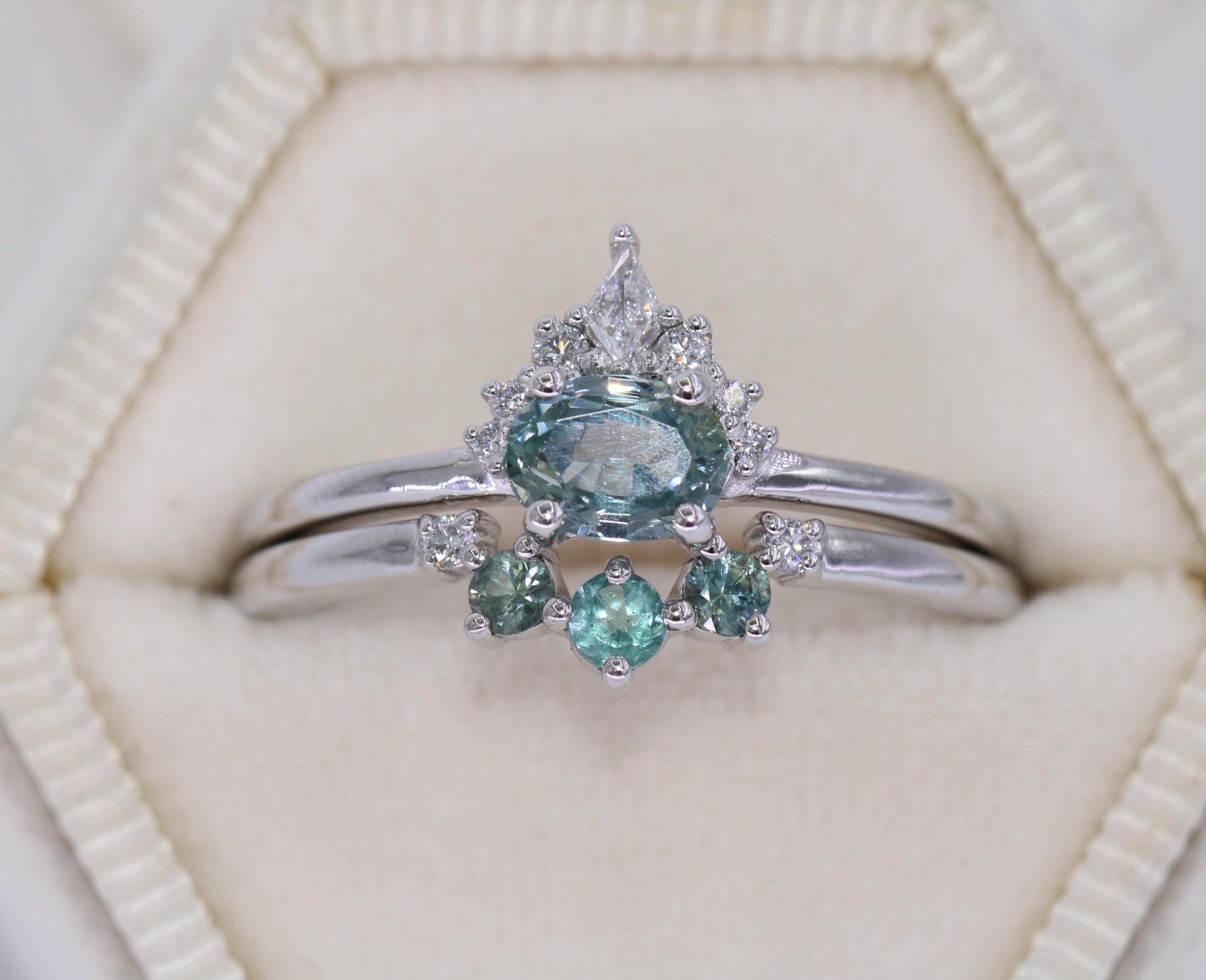 Seafoam Ombre Teal Blue Green Curved 5 Stone Wedding Ring