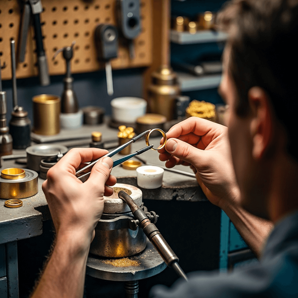 A person working on jewelry, using tools to shape or assemble a gold ring in a workshop filled with various jewelry-making supplies and equipment.