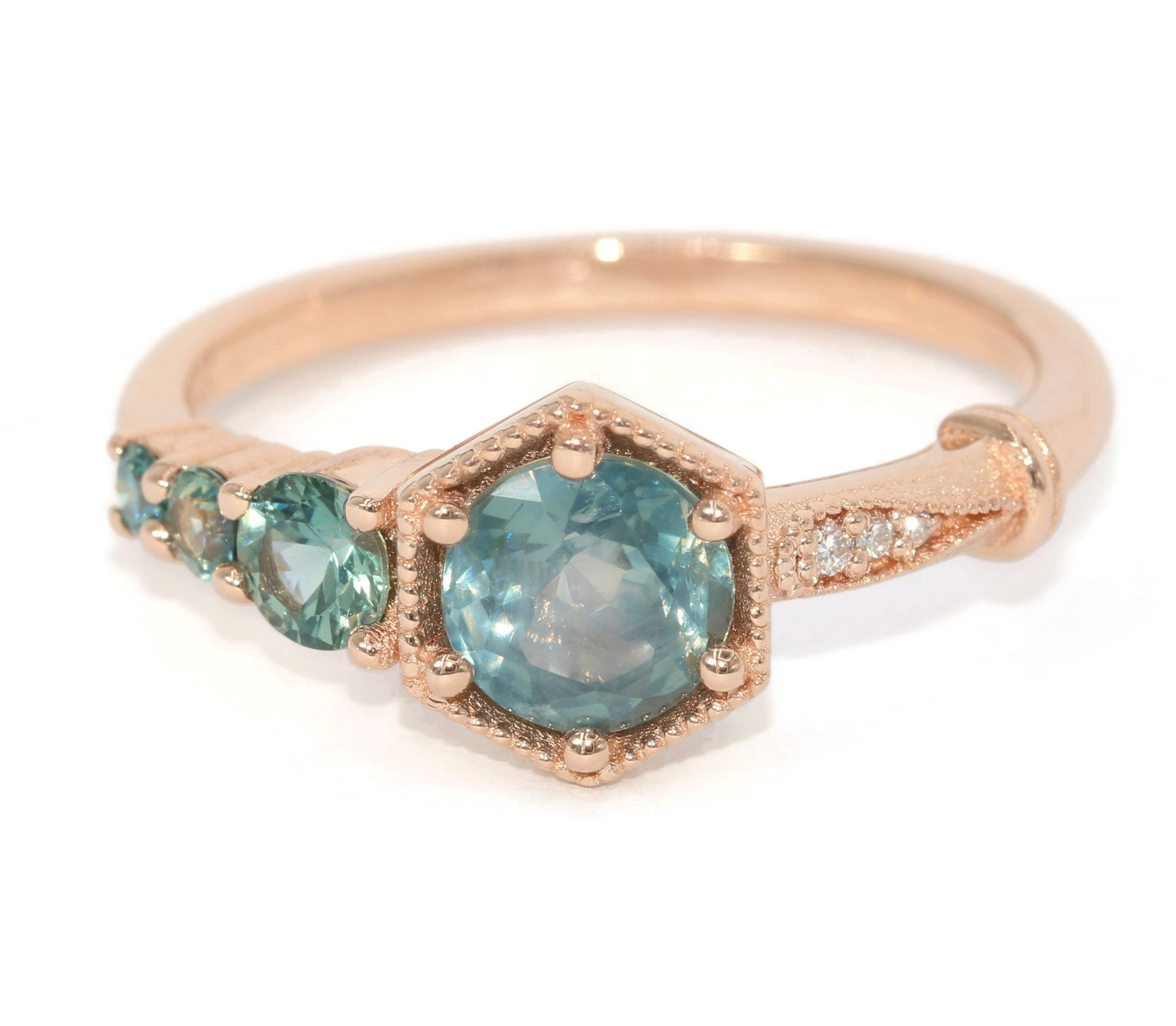 Hexagon Teal Sapphire Cluster Ring: Edwardian Style