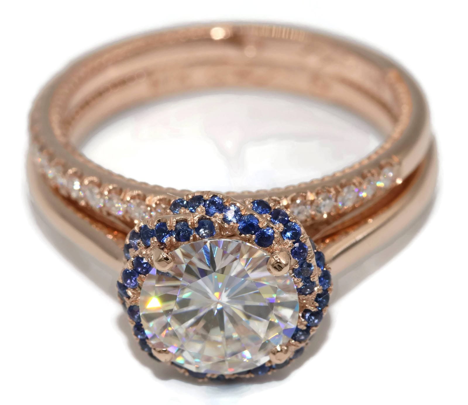2.5 ct IGI Certified Engagement Rings Set with Rope Sapphires Double Halo