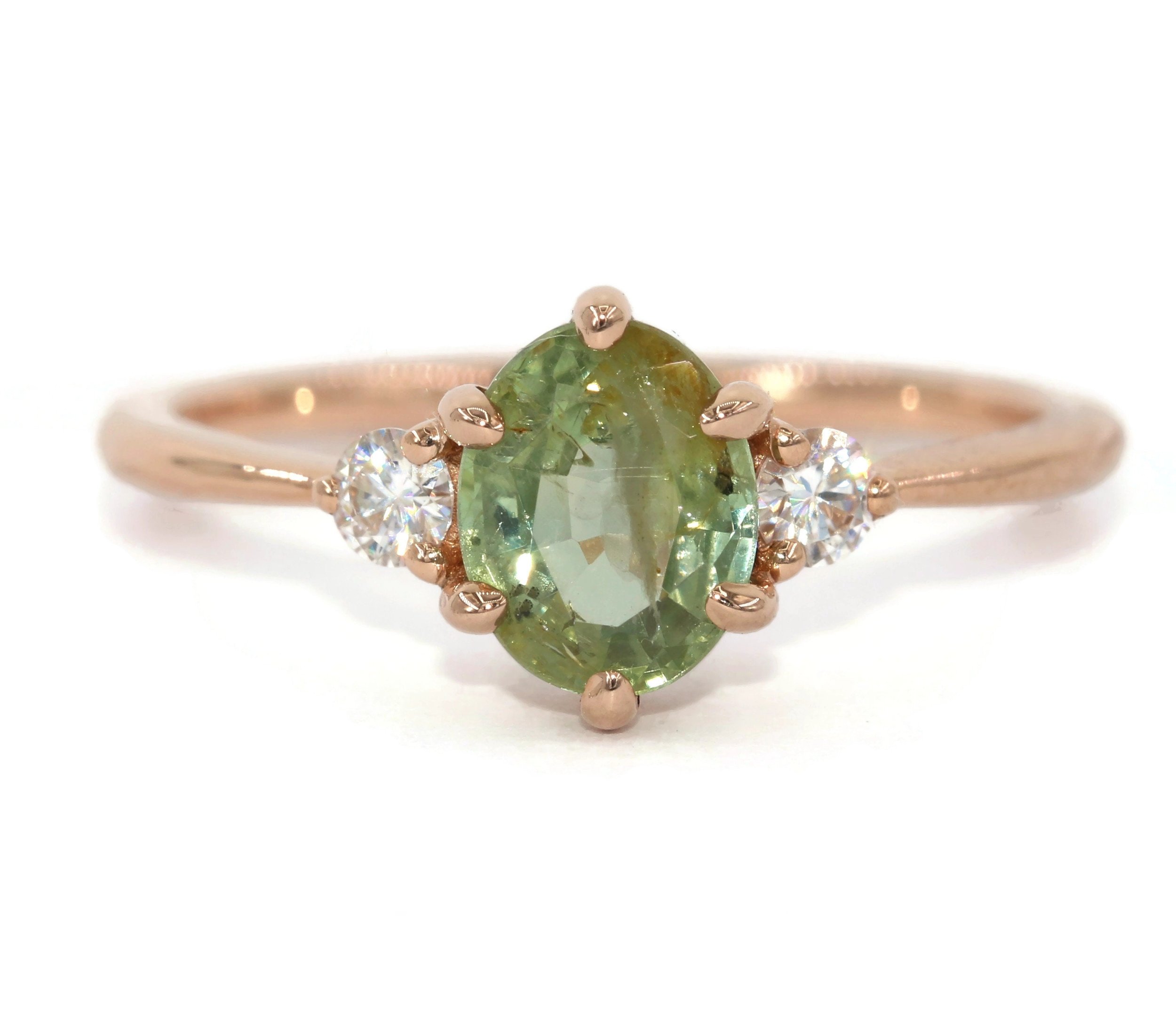 1 ct oval Green 3 Stone Teal Green Natural Sapphire Engagement Ring
