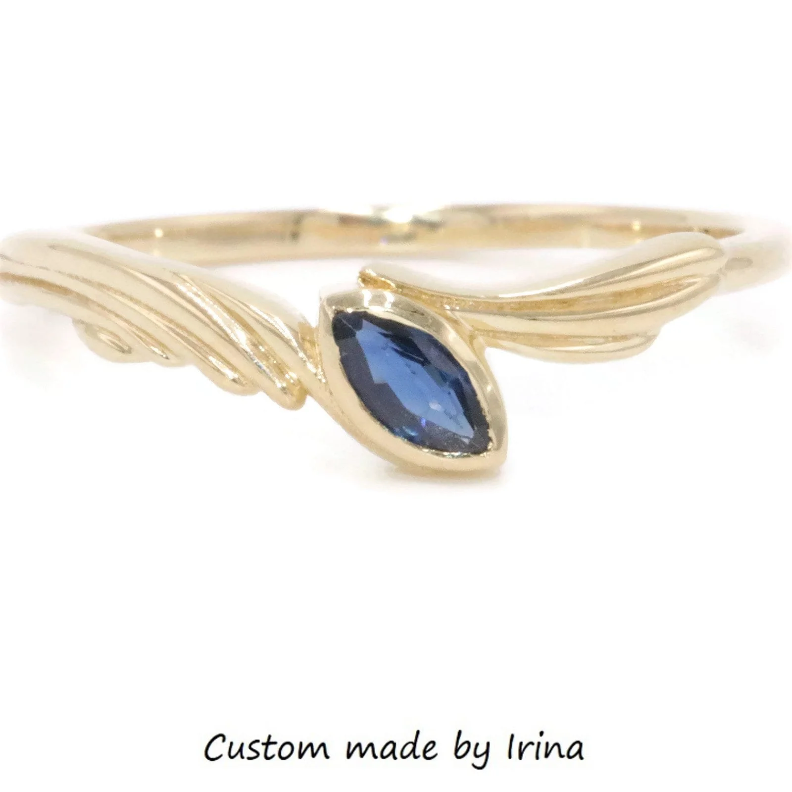 Art Nouveau Style Custom Made Dainty Feminine Wedding Ring with Marquise Sapphires 14k Solid Gold