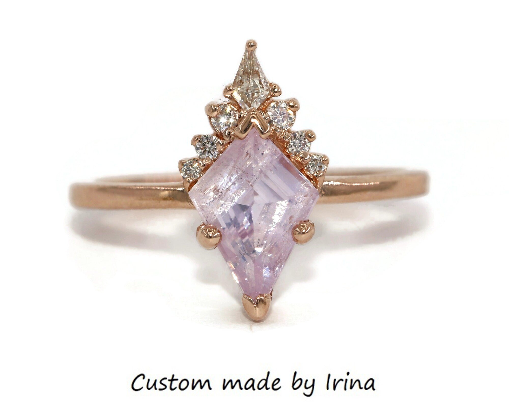 1.5 ct Kite Shape Purple Pink Natural Sapphire + Kite Diamond Sunburst Cluster Ring