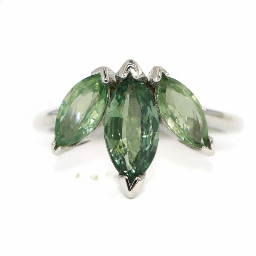 3 Stone Leaf Marquise Green Natural Sapphire Ring