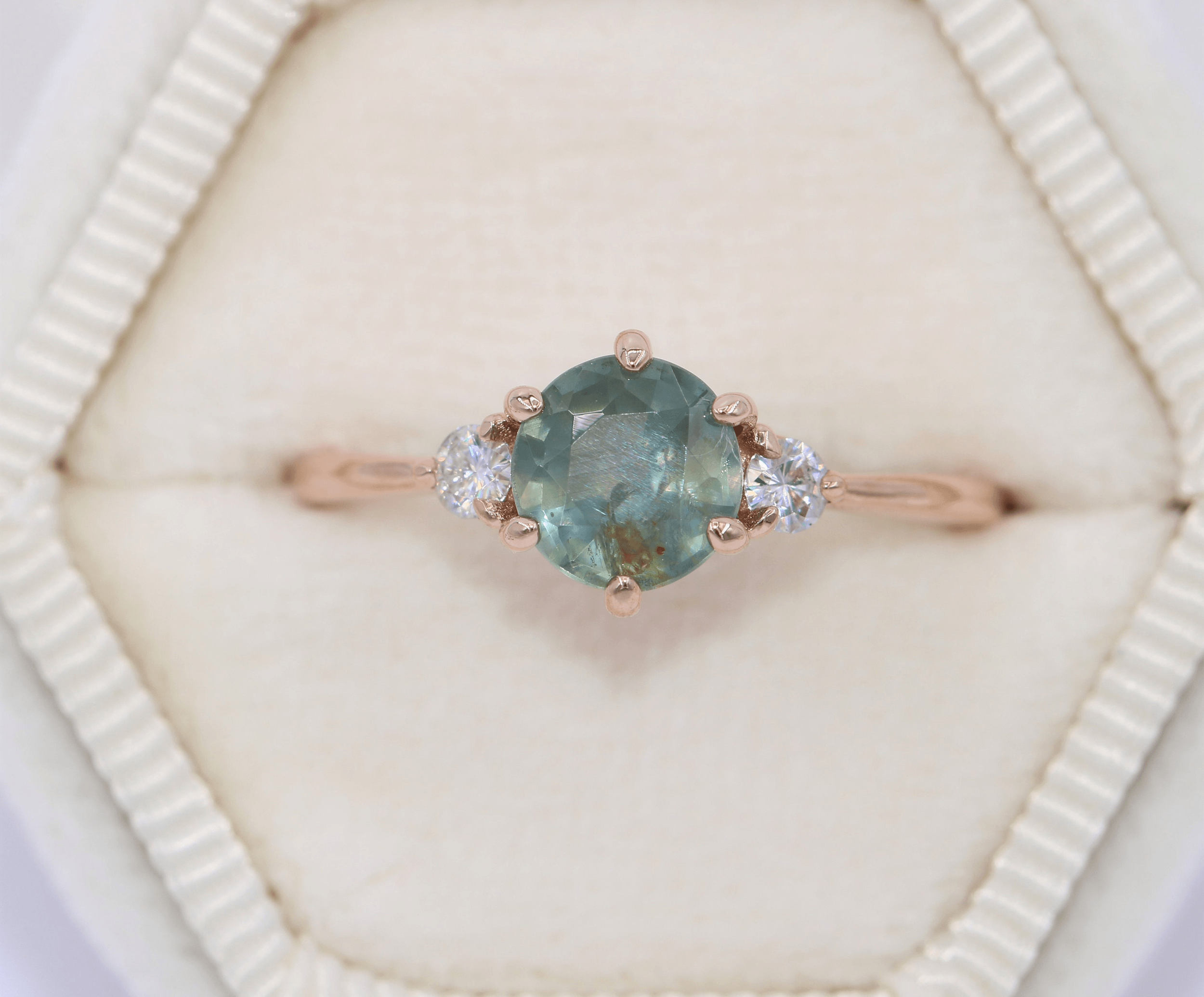3 Stone Unheated Teal Pastel Montana Sapphire Engagement Ring