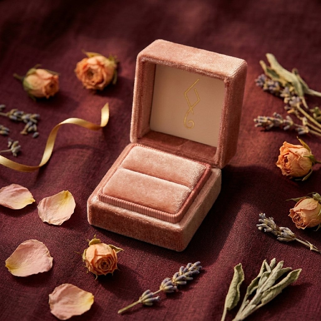 Open pink velvet jewelry box with gold logo inside, resting on a burgundy surface, surrounded by dried roses and lavender flowers.