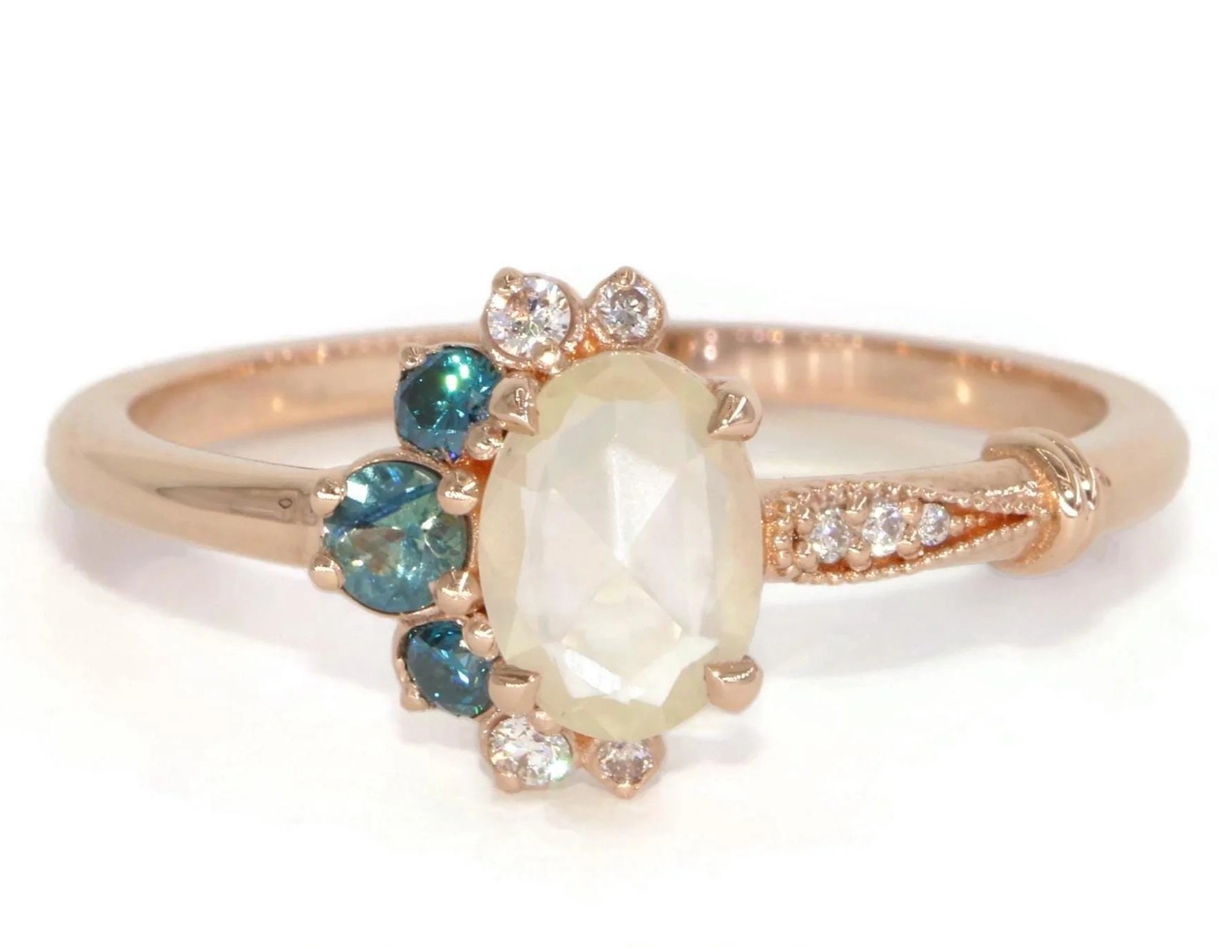 Custom Made Rose Cut Oval Cluster Ombre Ethereal Fairy-tale Engagement Ring