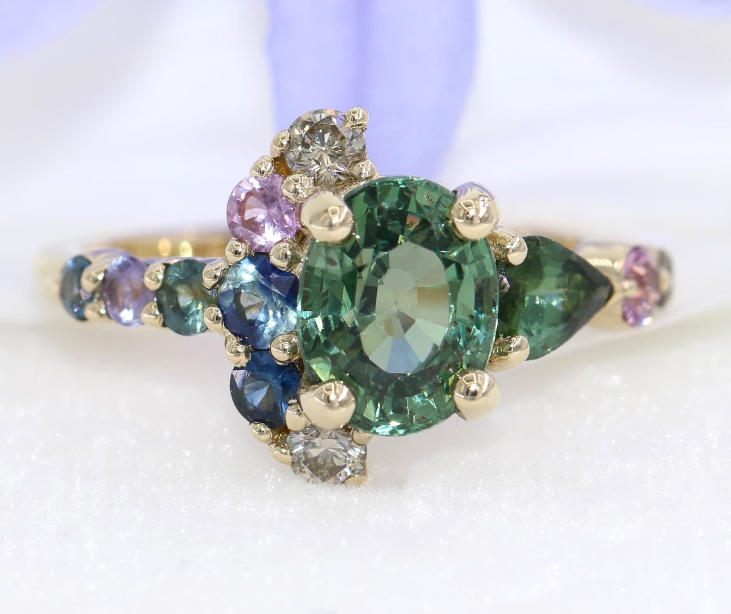 2 ct Green Sapphire Cluster Ombre Colorful Half-Moon Ring