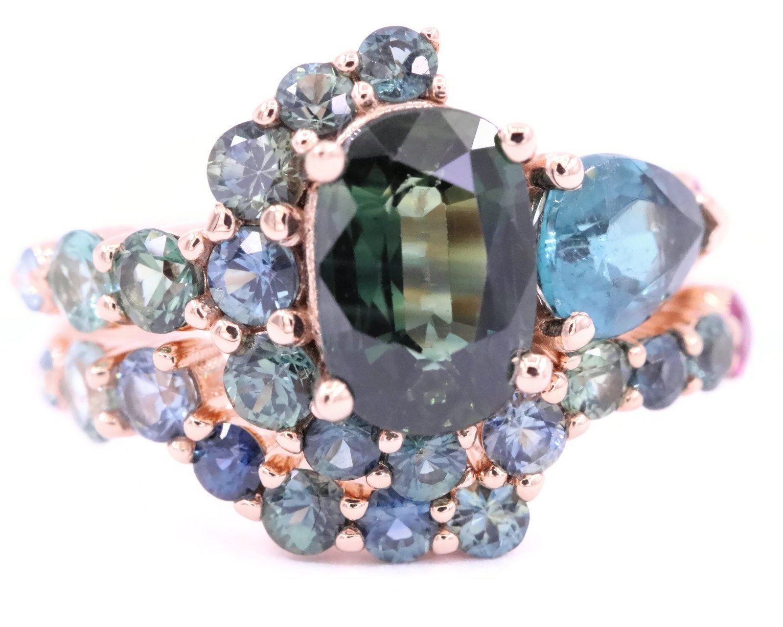 2ct Parti Sapphire Cluster Ring Set, Crescent Halo