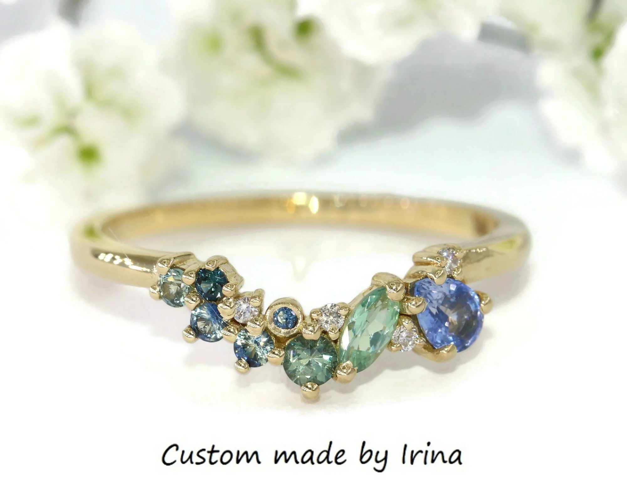 Ombre Cluster Blue Green Natural Sapphires + Alexandrite 14k Solid Gold Ring