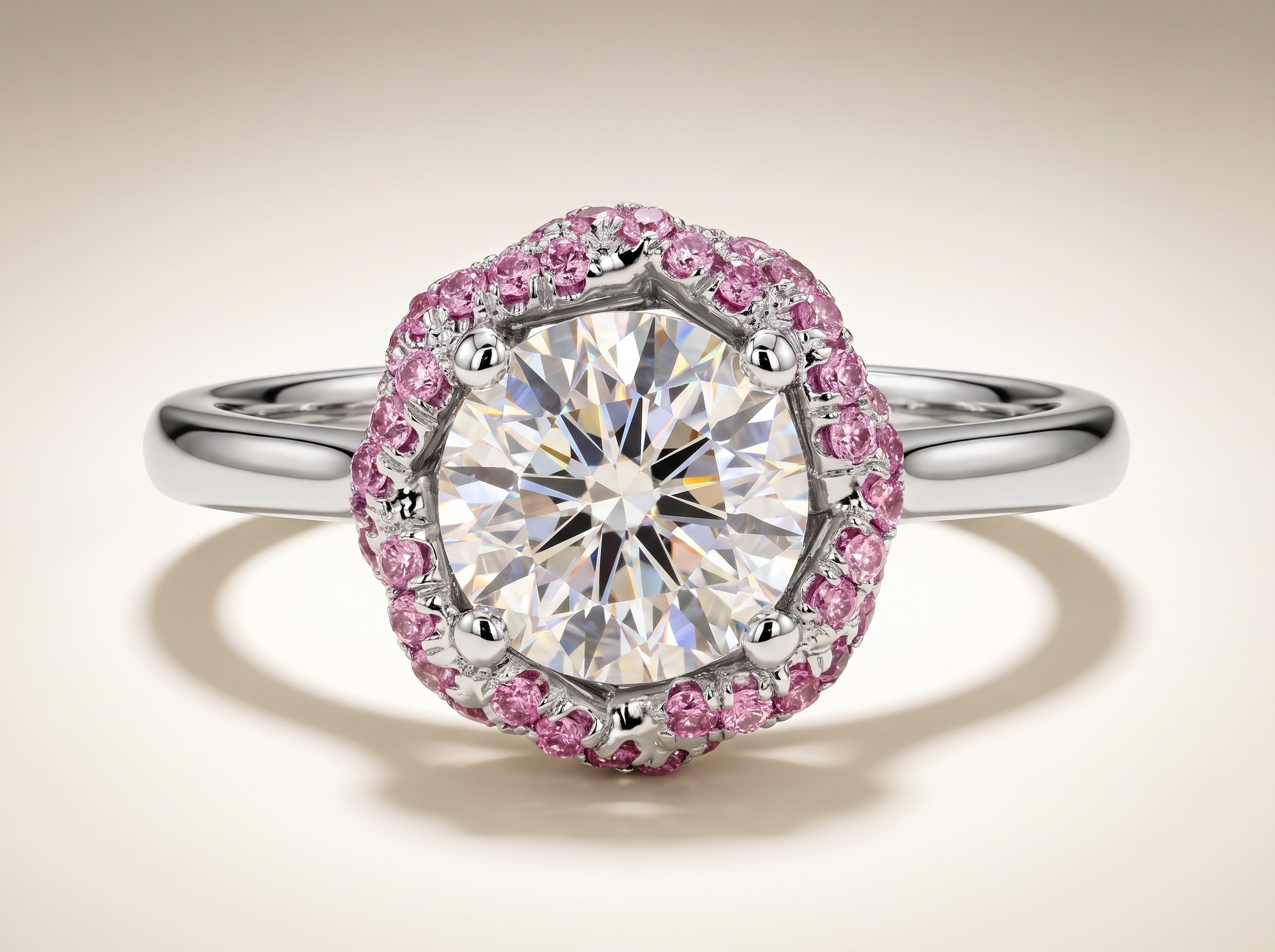 Round diamond engagement ring with a halo of pink gemstones on a white gold band