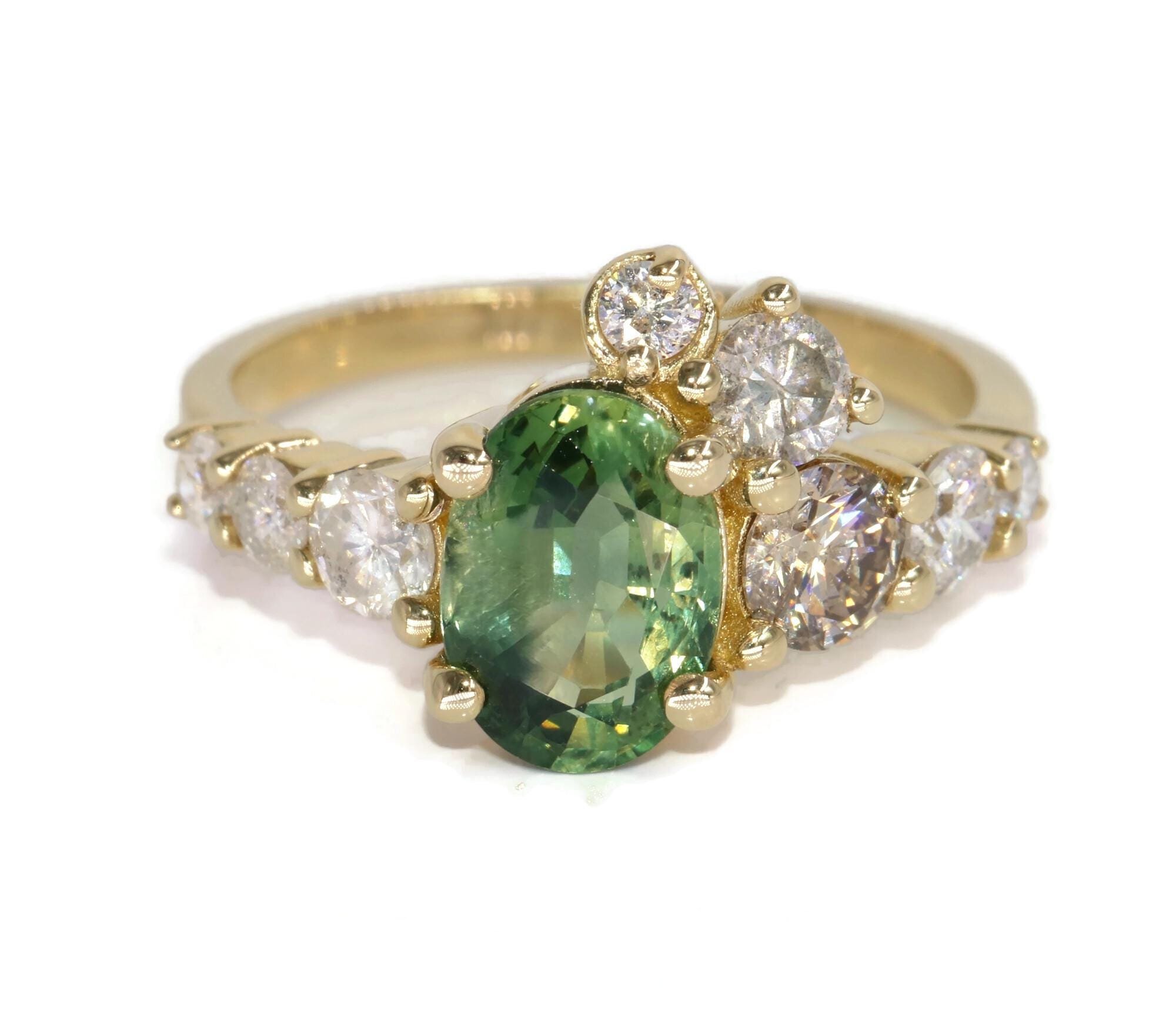 2 ct Oval Green Natural Sapphire Ombre Cluster Engagement Ring