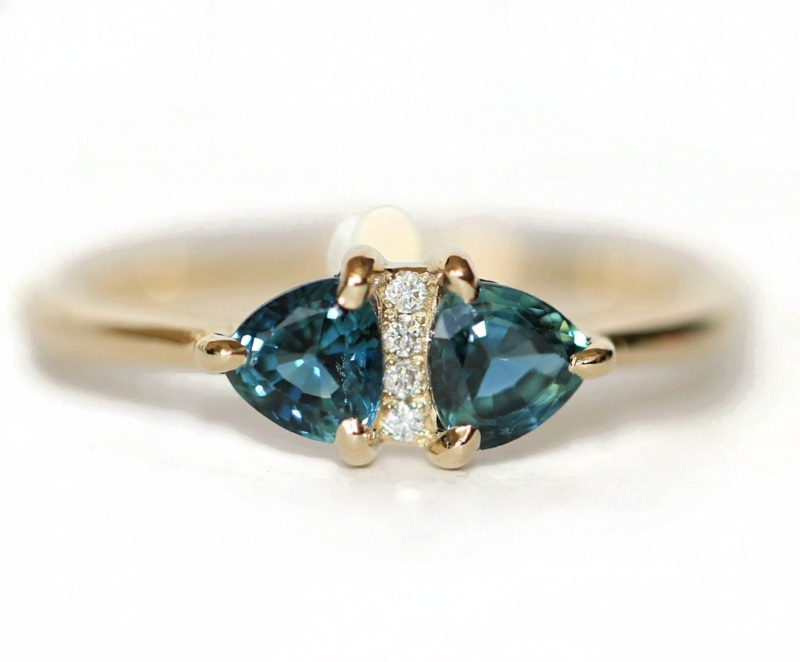 1 ct Blue Green Trillion Sapphires and Diamonds Ring
