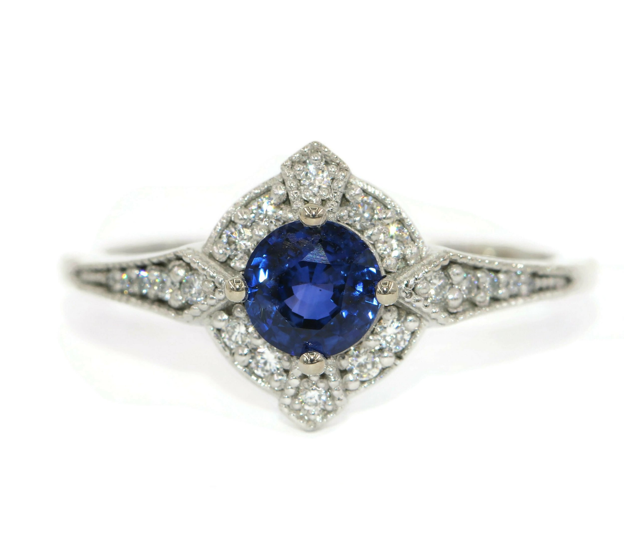 Royal Blue Natural Sapphire Edwardian Inspired Engagement Ring