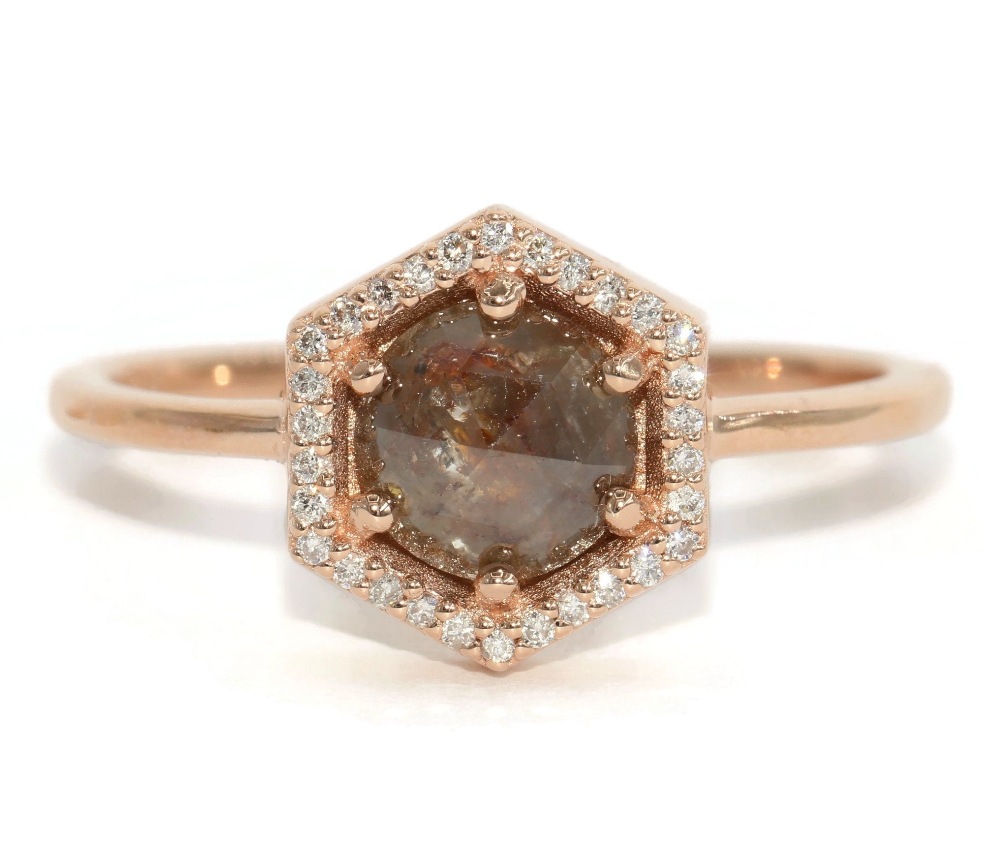 1.5 ct Hexagon Natural Diamond Halo Rustic Low Set Ring