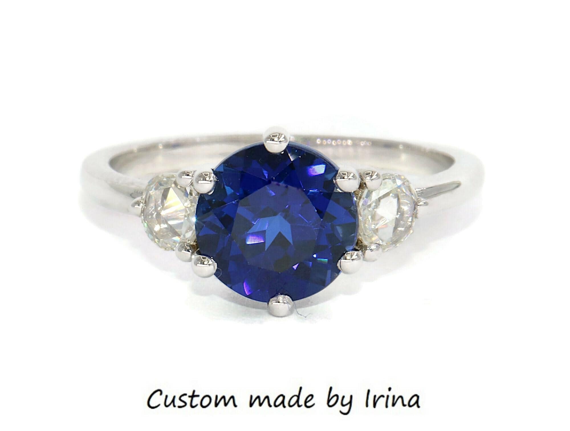 Three Stone Rose Cut Natural Diamond + 8 mm Lab Sapphire Ring