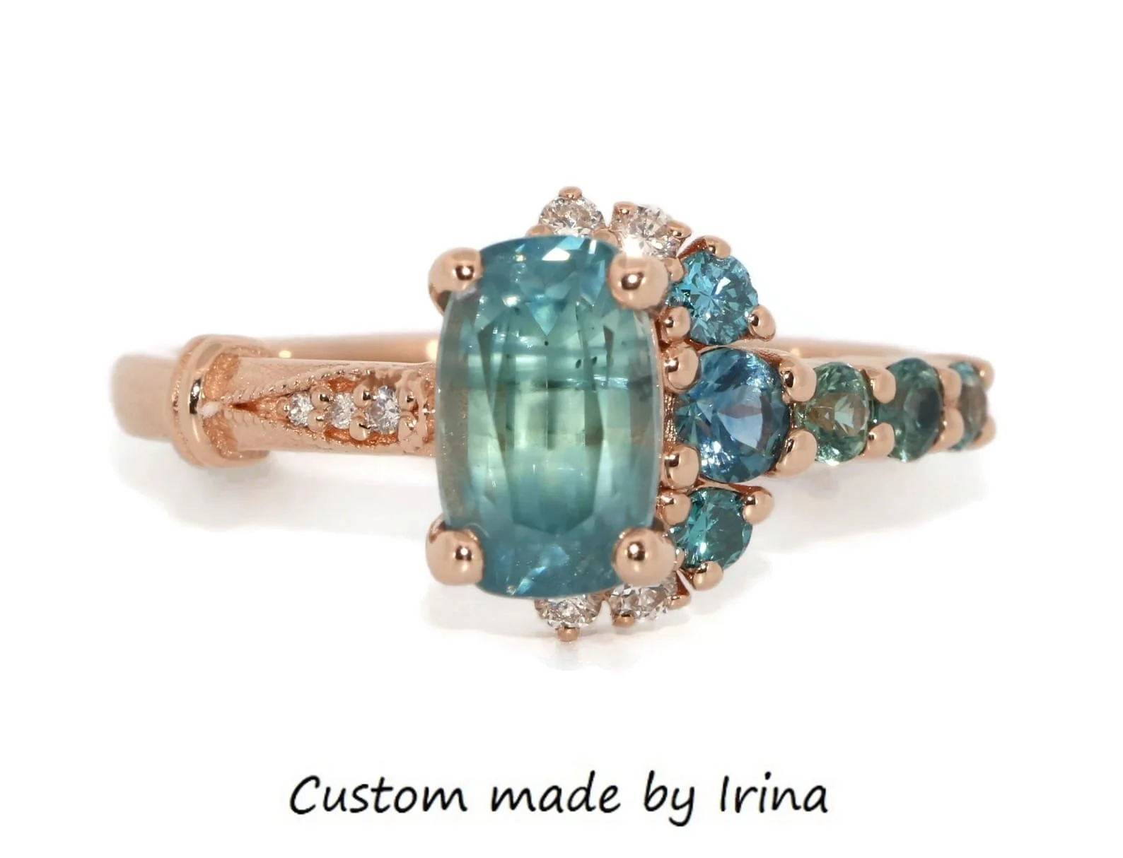 Custom-made Sea Foam Teal Green Cluster 14k Solid Gold Engagement Ring, SETTING ONLY