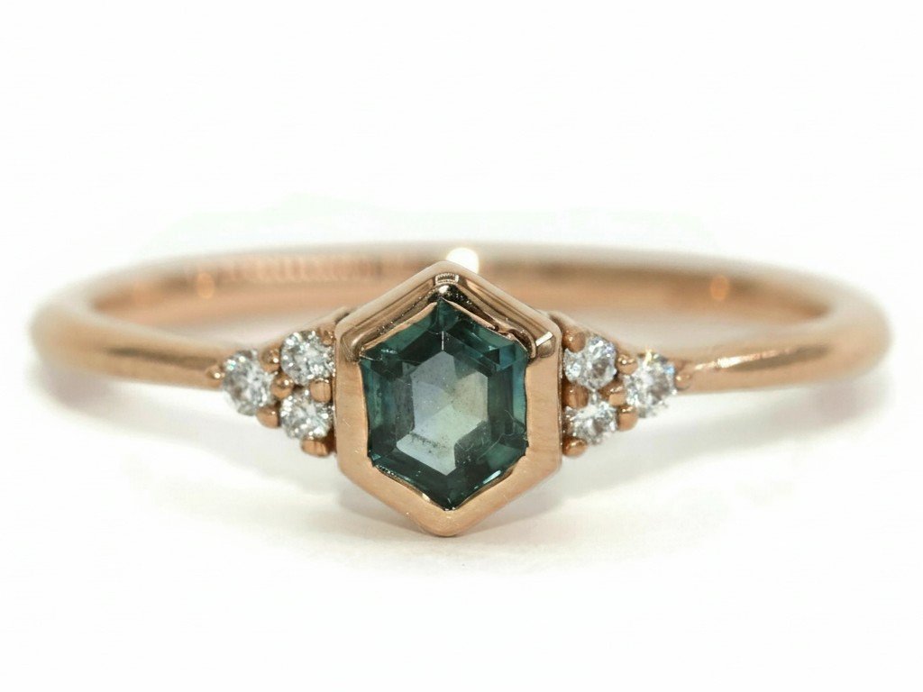 1 carat Bezel Set Hexagon Sapphire Ring with 3 Side Stones