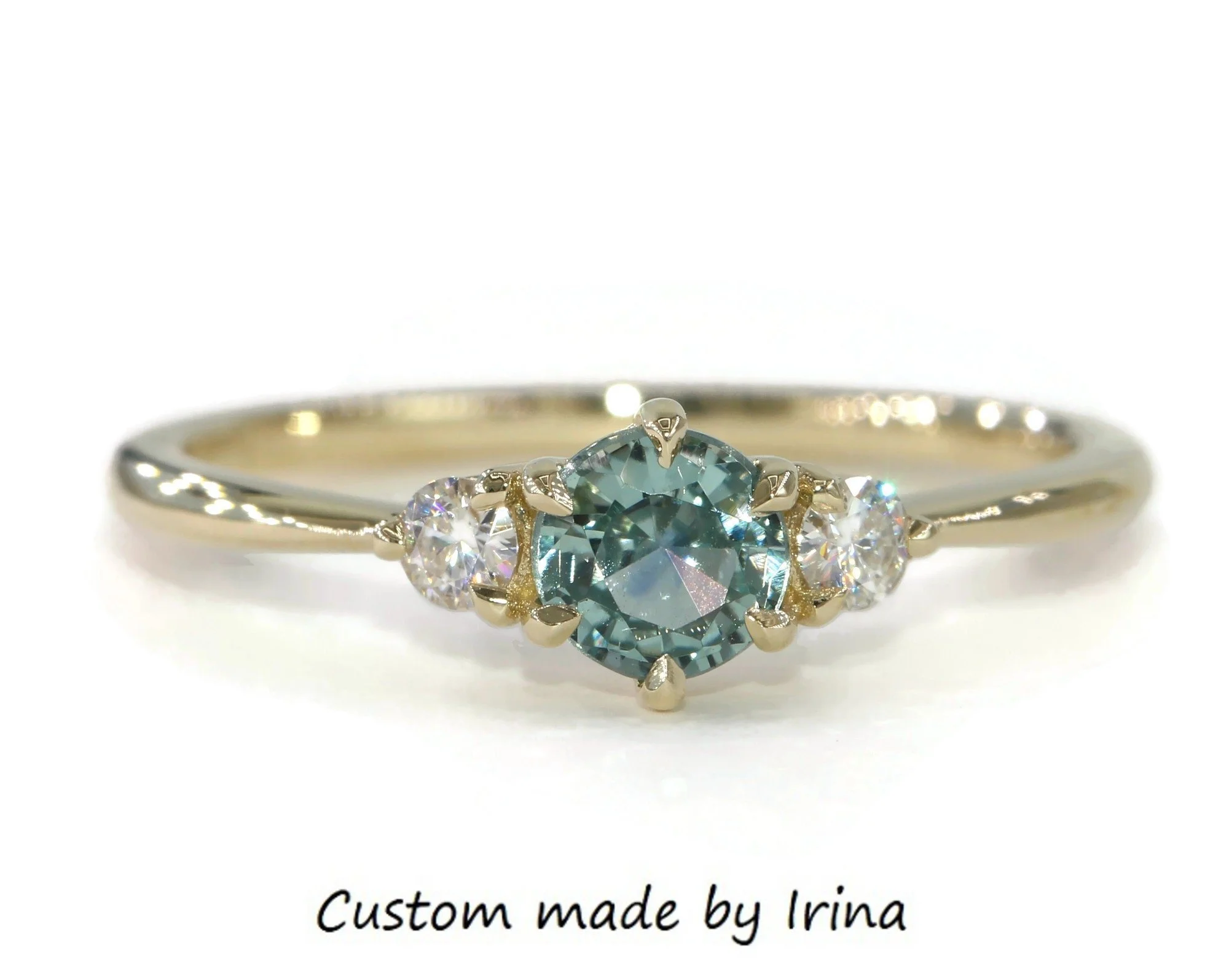 3 Stone Round Unheated Natural Montana Sapphire Engagement Ring 14k Solid Gold